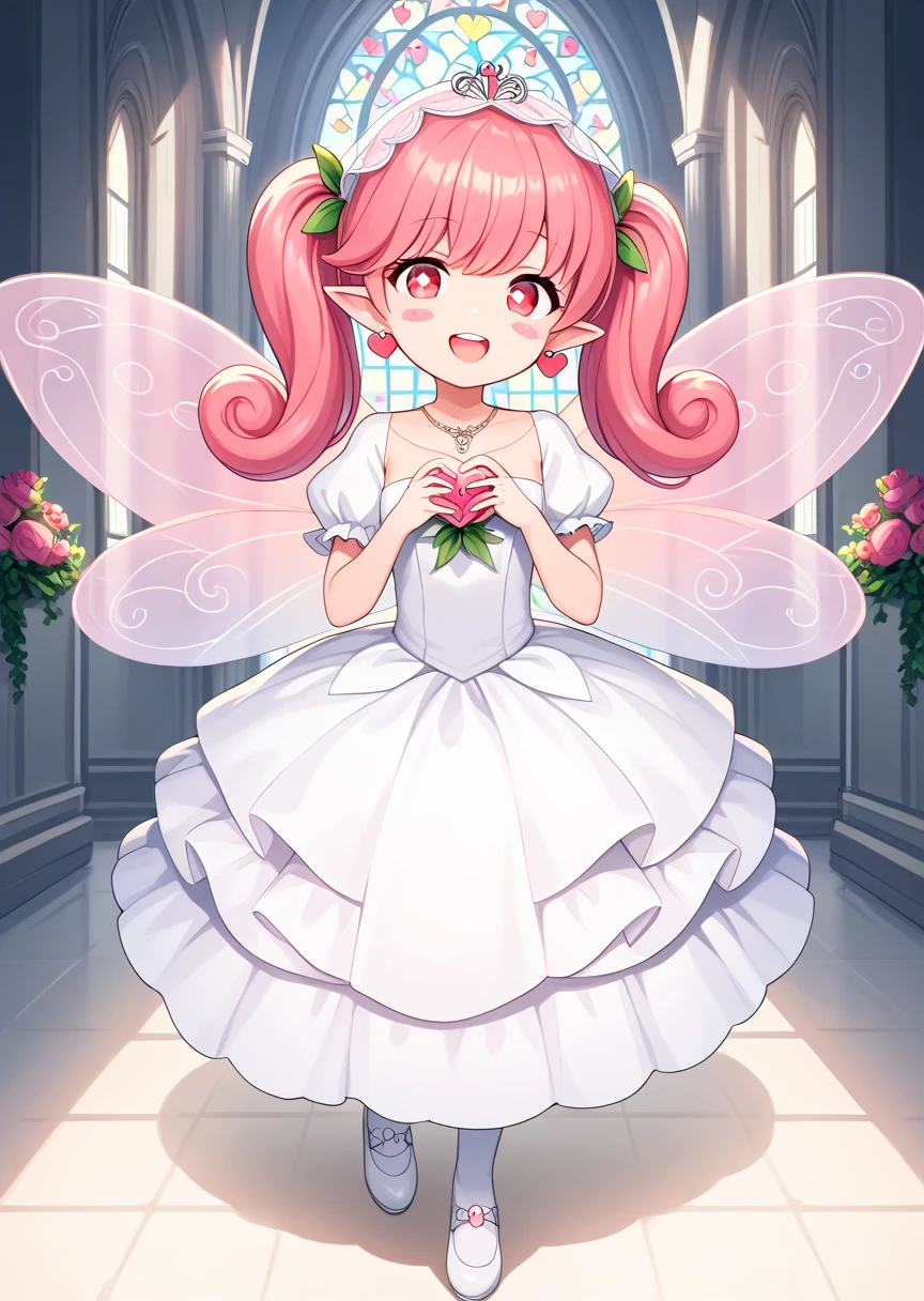 score_9, score_8_up, score_7_up, score_6_up, score_5_up, BREAK
lip, human, female,, 1girl, solo, pink hair, flower, fairy, earrings, open mouth, fairy wings, wings, jewelry, blush stickers, smile, pointy ears, heart earrings, long hair, bangs, red eyes, :d, heart, pink eyes, bright pupils, teeth, curly hair, blush, upper teeth only, twin tails, key_necklace, church, full body, dynamic pose, wedding dress, wedding veil, tulip