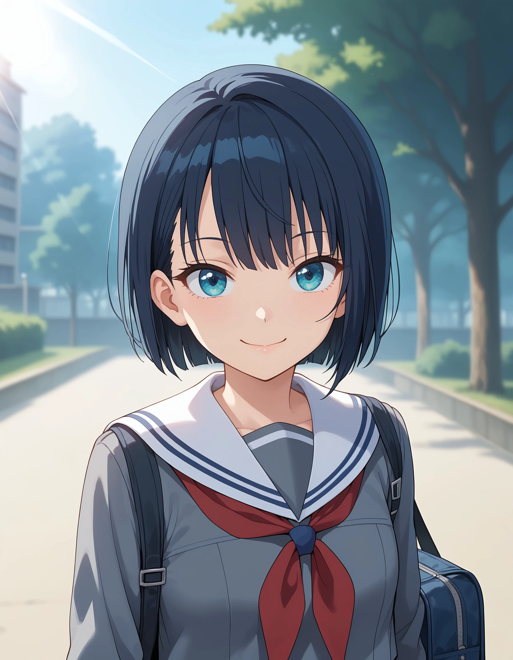 (masterpiece), best quality, expressive eyes, perfect face, school uniform, smile, neckerchief, outdoors, red neckerchief, bag, looking at viewer, blurry, upper body, serafuku, tree, sailor collar, long sleeves, white sailor collar, school bag, blurry background, black hair, closed mouth, shirt, depth of field, sunlight, sunset, pov, solo focus, grey shirt, harukachan, <lora:810acdd2-ae02-487d-950d-ee96ff33ca97:0.7>