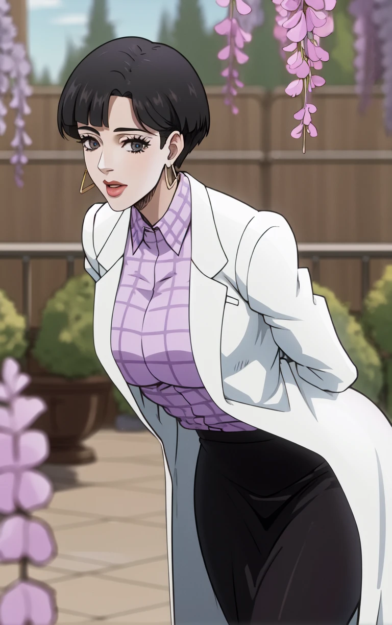 (masterpiece, best quality:1.4), insaneres, absurdres, solo, looking at viewer,BREAK 
Main_JoJoStardustCrusade_Nurse_ownwaifu,
1girl, black eyes, black hair, shirt tucked in, short hair, jewelry, large breasts, lipstick, bangs, lips, hoop earrings, makeup, bob cut, mature female, long coat,
black pantyhose, black skirt, checkered clothes, collared shirt, earrings, lab coat, labcoat, long sleeves, purple shirt, pencil skirt,
(leaning forward, arms behind back), cowboy shot, garden, wisteria, outdoors, <lora:ANIME_JoJoStardustCrusade_Nurse_ownwaifu:0.85> , depth of field, solo,