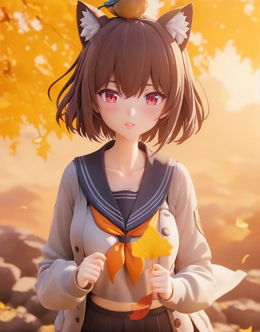 <lora:Gock_so_PVC_v1:1> , pvc ,1girl, acorn, animal, animal ear fluff, animal ears, animal on head, autumn, autumn leaves, bangs, bird, black sailor collar, blurry, blurry background, blurry foreground, blush, brown hair, bug, cardigan, collarbone, depth of field, dragonfly, eyebrows visible through hair, falling leaves, fire, ginkgo leaf, grey sailor collar, holding, holding leaf, leaf, leaf on head, leaves in wind, long sleeves, maple leaf, motion blur, neckerchief, on head, open cardigan, orange neckerchief, orange sky, pleated skirt, red eyes, red neckerchief, sailor collar, school uniform, serafuku, shirt, short hair, skirt, sleeves past wrists, solo, sunset, sweet potato, upper body, white butterfly, yellow butterfly, gorgeous lips, cinematic, (masterpiece), (best quality), (ultra-detailed), very aesthetic, illustration, perfect composition, intricate details, absurdres, detailed face, (anime, masterpiece, intricate:1.3), (best quality, hires textures, high detail:1.2), (4k),(incredibly detailed:1.4)
Masterpiece, highest quality, high resolution, cinematic lighting, anime illustration , full body, 4k , masterpiece