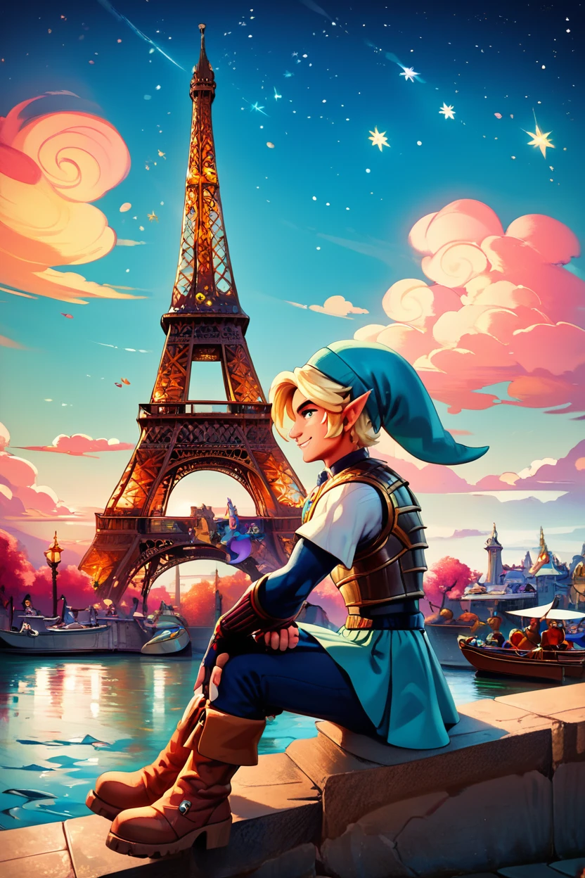 score_9, score_8_up, score_8,   BREAK, , zzFierceDeity, 1boy, armor, gloves, boots, hat, fingerless gloves, dynamic pose, <lora:FierceDeityLink_PDXL:0.8>,, BREAK, zzEiffelTower in background, sitting, watercraft, boat, sitting on wall, side view, looking at viewer, smile, ,,, BREAK, blooming stars, luminescent petals, otherworldly fragrance blurry background, ,,, embedding:zPDXL, Expressiveh, ,,, <lora:EiffelTowerPDXL:1.0>, <lora:CatalystStylePDXL:0.6>, <lora:SDXLFaeTastic2400:0.5>, <lora:Expressive_H-000001:0.4>,