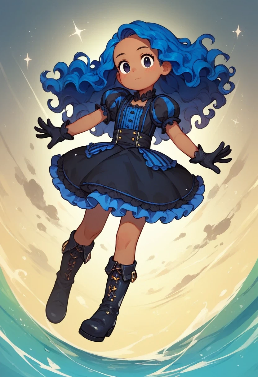 melissa_tdm, 1girl, long hair, gloves, dress, blue hair, black eyes, short sleeves, frills, boots, black gloves, puffy sleeves, black footwear, black dress, puffy short sleeves, semi dark skin