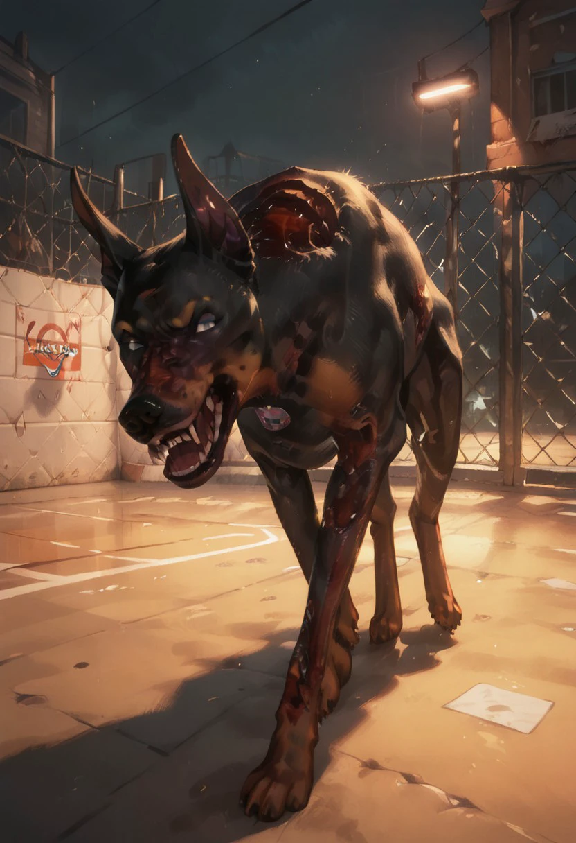 Score_9_up, score_8_up, score_7_up, BREAK, high quality, dynamic angle, 1dog, c34b3ru5, zombie_dog, zombie_doberman, growling, jumping, towards viewer, snarling, basketball court, outside, night, abandoned, night lighting