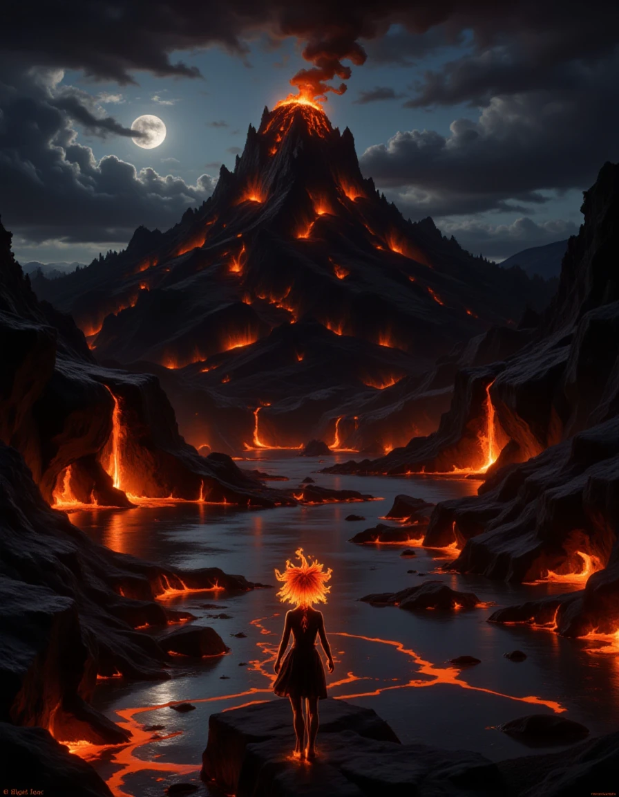 Lava_Aberration, a digital painting depicting a fantastical scene of a fiery, humanoid creature standing on a rocky, lava-filled landscape. The creature, with an ethereal and otherworldly appearance, is facing away from the viewer, revealing a fiery mane that appears to be aflame. The creature's skin is an intense orange and red, matching the fiery colors around it. Its muscular physique and powerful stance suggest strength and resilience. The background features a dramatic volcanic landscape with molten lava flowing down jagged, black rock formations, creating a stark contrast with the glowing, fiery creature. The sky is dark and ominous, filled with thick, swirling clouds that cast an eerie glow over the scene. In the upper left corner of the sky, a crescent moon is faintly visible, adding to the scene's mystical atmosphere. The ground is a mixture of dark, jagged rocks and pools of molten lava, reflecting the intense heat and light of the surroundings. The overall color palette is dominated by deep blacks, dark grays, and fiery oranges, creating a sense of danger and intensity. The image is highly detailed, with textures that emphasize the roughness of the rocks and the smooth, liquid flow of the lava.