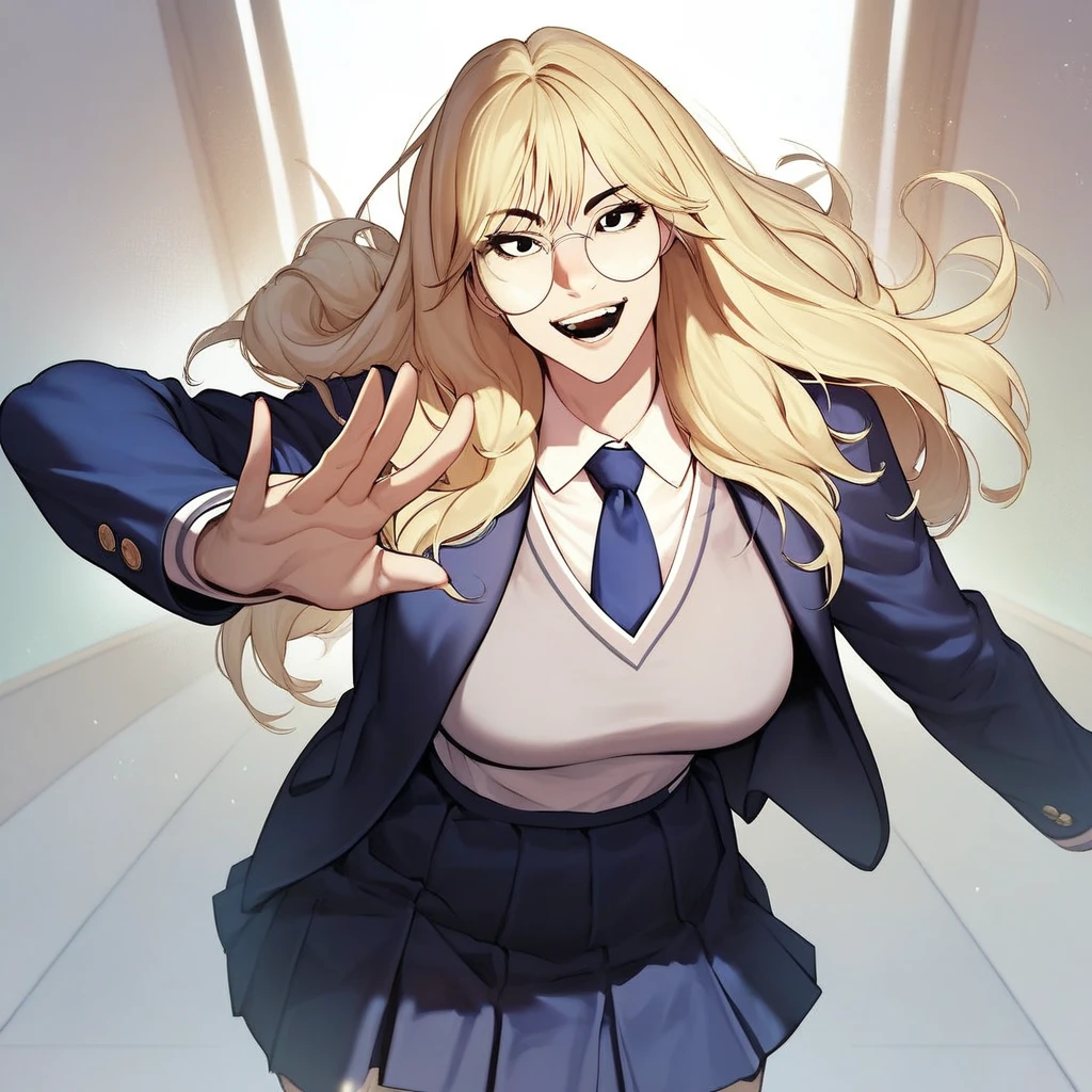 score_9, score_8_up, score_7_up, score_6_up, high quality, high res, great anatomy, good proportions, dynamic pose, 1girl, solo, marykim, blonde hair, long hair, black eyes, large breasts, bangs, round eyewear, blue necktie, white shirt, school uniform, blazer, upper body, three-quarters view, looking at viewer, smile, Open mouth, teeth