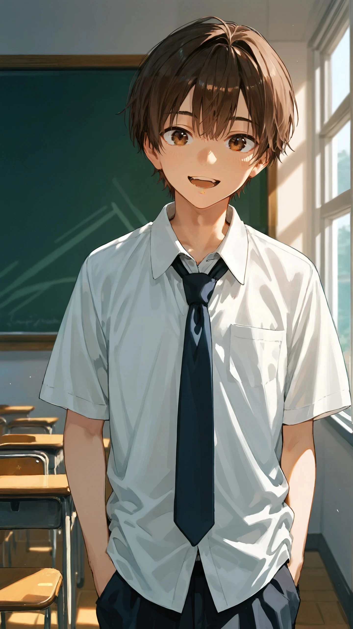 solo, smile, shirt, open mouth, white shirt, short sleeves, looking at viewer, brown hair, brown eyes, 1boy, collared shirt, male focus, necktie, school uniform, classroom, hands in pockets, standing