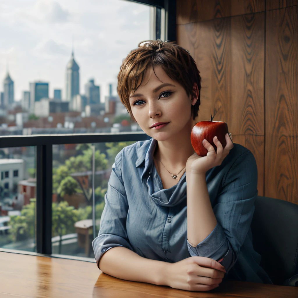woman, holding red apple in the right hand, black cowl, short blonde hair, blue eyes, sitting behind a big desk, wooden desk, one hand on the table, wall, window, cityscape, tree, front view, <lora:applegirl:0.7>