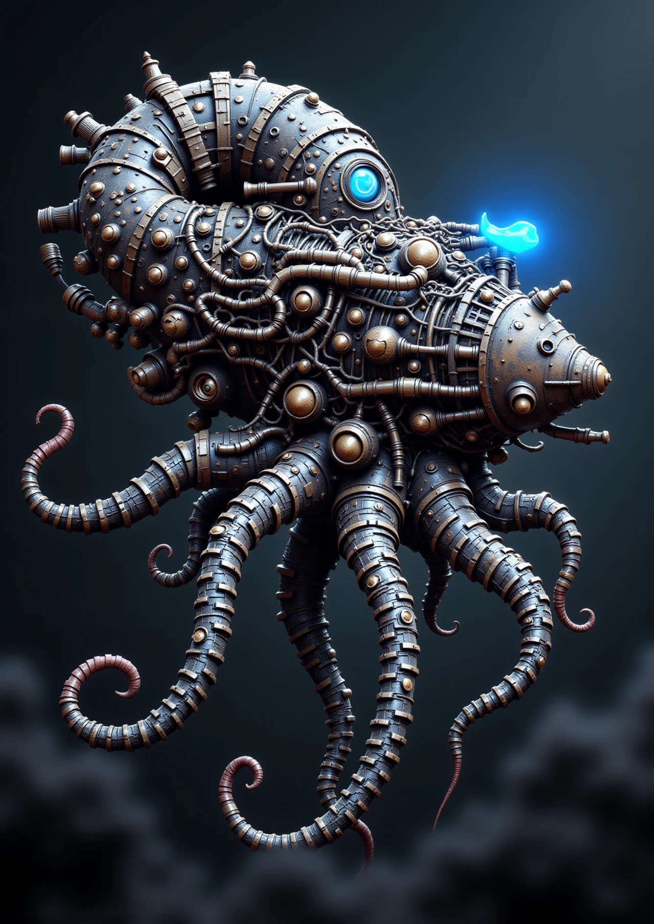 This is a highly detailed CGI illustration of a fantastical, sci-fi scene. The image features a massive, intricate spaceship with an octopus-like creature attached to its exterior. The spaceship, composed of metallic structures and pipes, is covered in a network of glowing blue circuitry and mechanical components, giving it a high-tech, industrial appearance. The creature, which appears to be an alien cephalopod, has eight long, segmented tentacles covered in suckers and metallic, scaly skin.