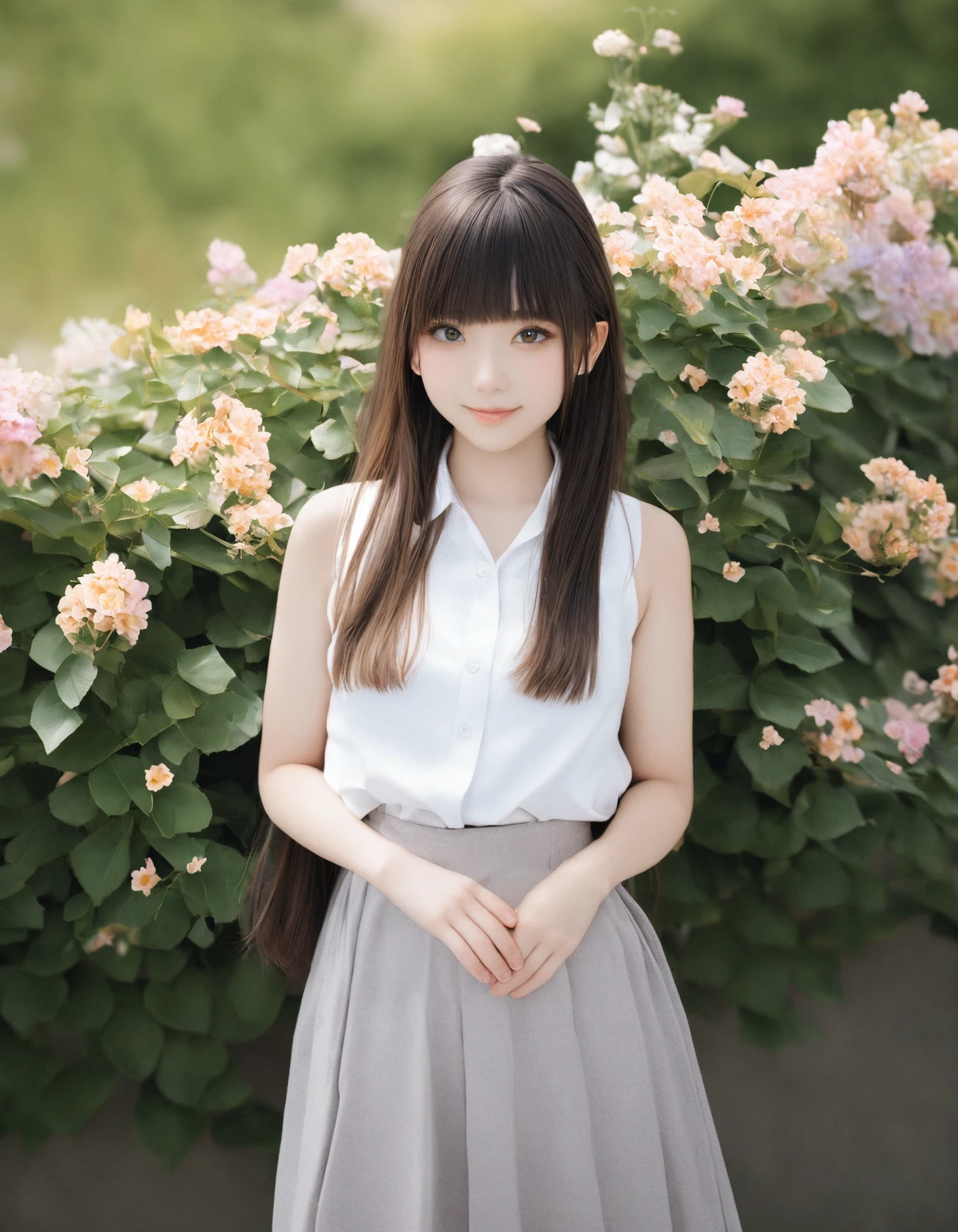 8k, RAW, masterpiece, best quality, very aesthetic, high resolution, raw photo, high resolution,
cowboy shot, [:natural skin, detailed skin, (skindentation:0.3):0.5],
1 girl,  japanese, 20 yo, Straight long hair with bangs,
White Sleeveless collared blouse, Loose-fitting skirt, smiling,
Blooming Colorful flowers, Antique goods
 <lora:WhippeMilk_2D:0.6>