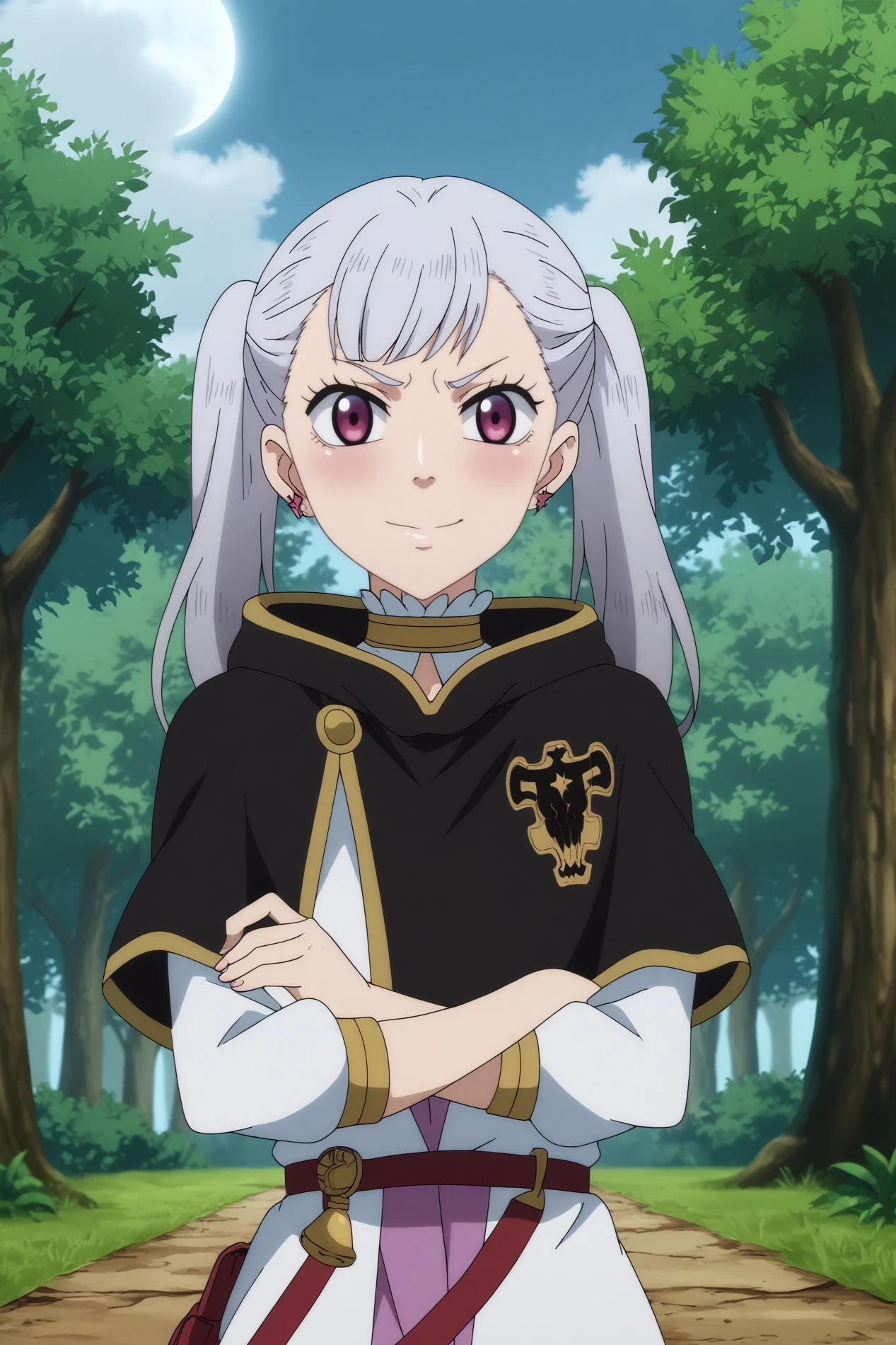 noelle silva,1girl,solo,smile,twintails,earrings,jewelry,grey hair,long hair,capelet,black capelet, BREAK outdoors,forest,tree,blue sky,ruins,old village,moon  Pouting with crossed arms,  <lora:Noelle_Silva_-_Black_Clover.safetensors:0.8>