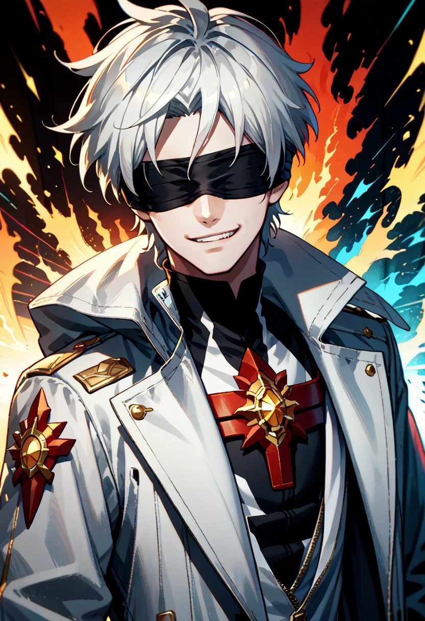 Havoc and Disorder, (1 man:1.3), (solo:1.2), (looking at viewer:1.2), (silver white hair:1.3), (long gunbreaker's coat:1.2), (partial blindfold:1.3), (smirky expression:1.2), (sultry demeanor:1.1), (confident stance:1.1), (upper body:1.1), (vibrant colors:1.2), (clean lines:1.5), (minimal shading:1.0), anime style, dynamic pose, stylish details, source_anime, score_9, score_8_up, score_7_up, score_6_up, score_5_up, score_4_up,