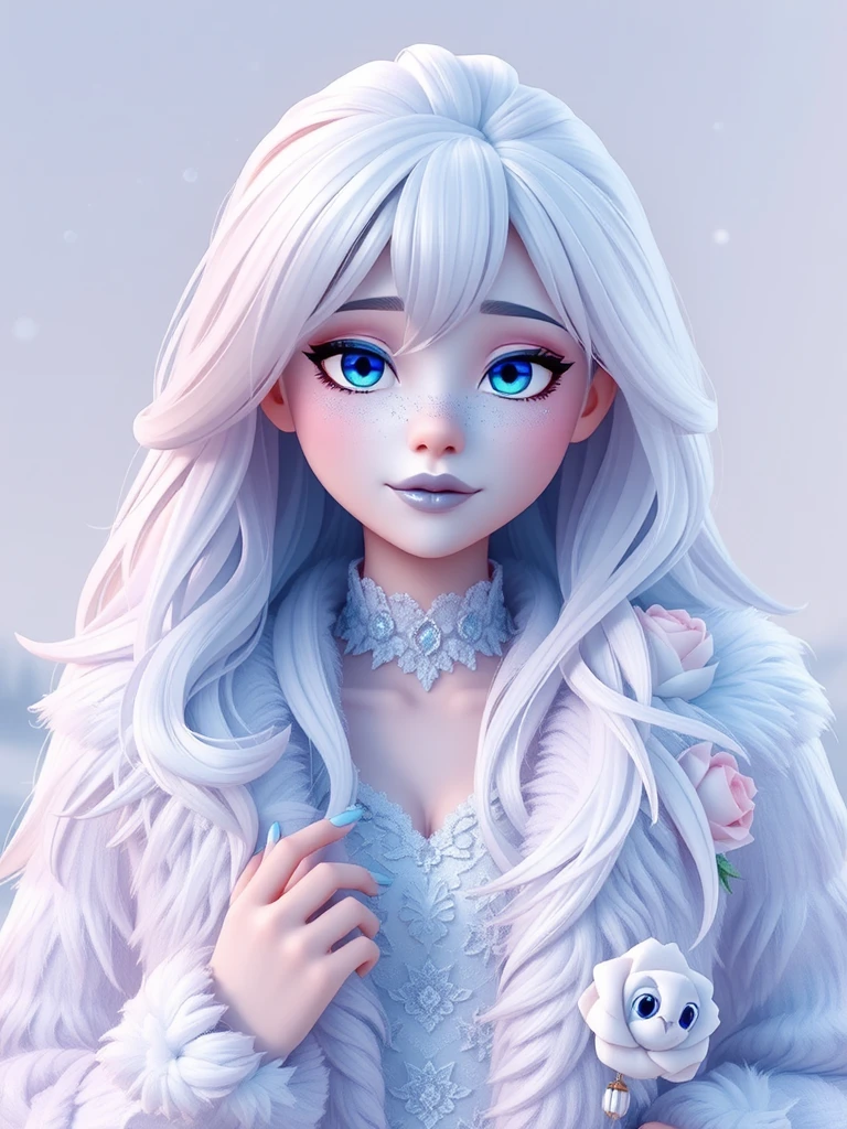 3d animation style,(Metallic gray, soft pink and soft blue color palette). ((( metallic soft white shade hair color))), (((multicolored hair, [soft gray, soft pink and soft blue hair color]))),voluminous hair, very long hair, 
BREAK
white fur coat, coat with fur, fur around neck, big fur around neck, fur robe, long fur robe, (((opening fur coat:1))), bright white fur, hugging fur,
BREAK
(1girl, a dream-like beauty, albino, white long hair, very long hair, white lace dress under fur coat, mini dress, light blue full lips, light blue nails, light blue roses, ice and snow, Rendered in hyper-realistic detail, the image is smooth and sharp, with every element captured with crystal-clear precision and lifelike clarity.), 