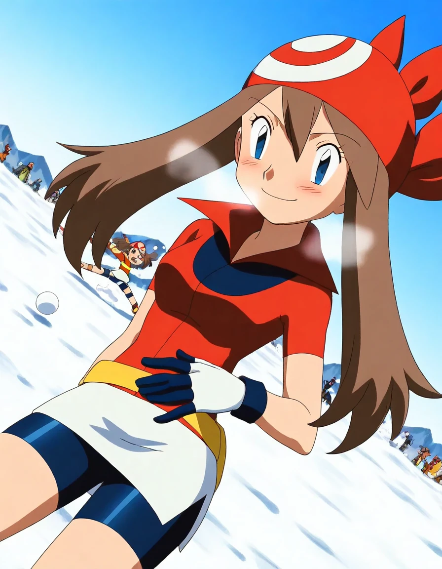 score_9, score_8_up, score_7_up, source_anime, <lora:pokemon-may-anime-illustrious-lora-nochekaiser:1>, pokemonmay, 1girl, may (pokemon), blue eyes, brown hair, bandana, long hair, red bandana, twintails, hair between eyes,, bike shorts, collared shirt, gloves, microskirt, multicolored shirt, pencil skirt, red shirt, shirt, short sleeves, skirt, white skirt,, snow day, winter clothes, snowball fight, laughter, cold breath, white landscape, smile, , hand on stomach, blush,, solo,, cowboy shot, dutch angle, solo