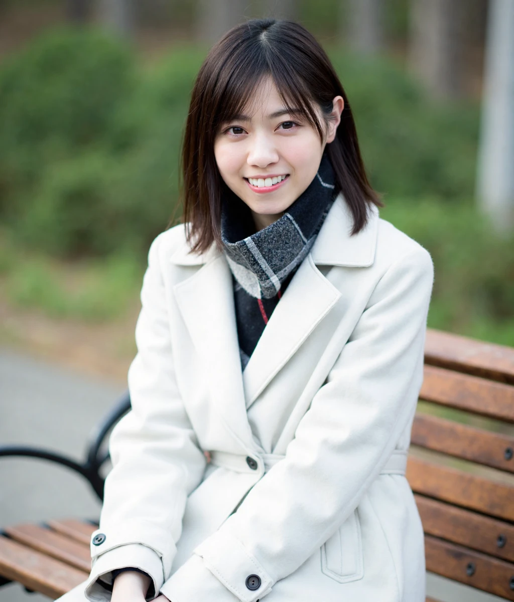 nanase, The image is a portrait of a young woman sitting on a wooden bench. She is wearing a white coat and a plaid scarf around her neck. She has shoulder-length dark hair with bangs and is looking directly at the camera with a slight smile on her face. The background is blurred, but it appears to be an outdoor setting with trees and greenery. 