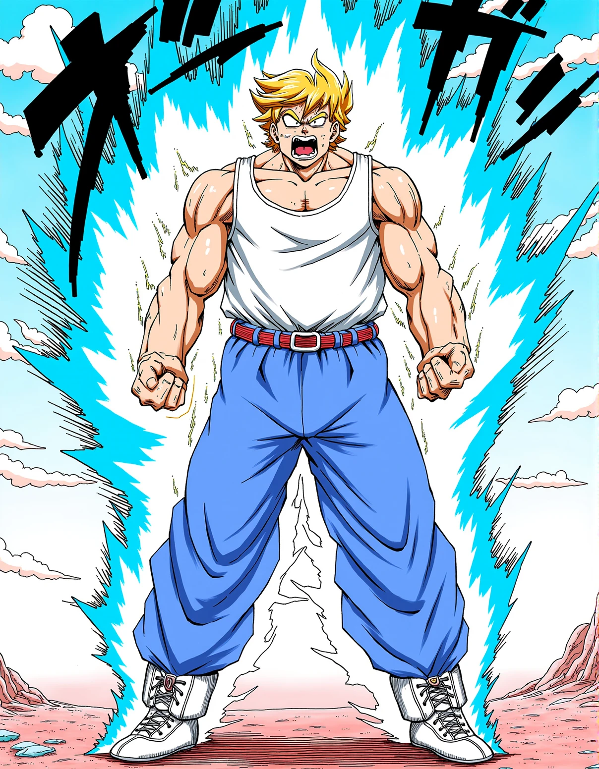 ToriYa-Free-Flux, manga-style illustration of Donald Trump, reimagined with a powerful, muscular physique and a fierce, battle-ready aura. His iconic features remain recognizable, but his body is transformedâbulging with muscles, especially his arms and chest, which are now well-defined and rippling with strength. He stands in an intense fighting stance, feet firmly planted, fists clenched tightly, and veins popping from his forearms.
Standing on a vivid alien planet.
Donald Trump's face is contorted into a look of pure rage, his brows furrowed, eyes glowing with intensity, and mouth twisted into a snarl. Surrounding his body is a glowing blue power-aura, crackling with energy, depicted in bright, vivid streaks of light that pulse outward from him. The aura crackles like electricity, swirling around him in sharp, jagged patterns, emphasizing the immense power radiating from his body.
The style captures the dynamic, exaggerated motion of classic manga art, with bold lines and dramatic shading. Speed lines rush outward from his form, heightening the sense of energy and motion as if heâs ready to launch into action at any moment.  <lora:ToriYa-Free-Flux:0.9>