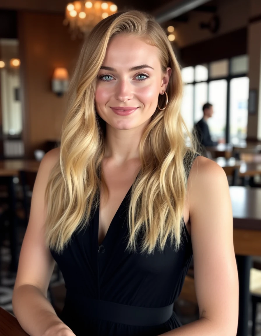 <lora:Sophie_Turner_Flux (1):1> This is a high-resolution photograph of a young woman with a light complexion and striking blue eyes. wavy blonde hair styled in loose waves cascading over her shoulders. Her hair is parted on the side,  wearing a black dress standing in a cafe, looking at the viewer, smiling.