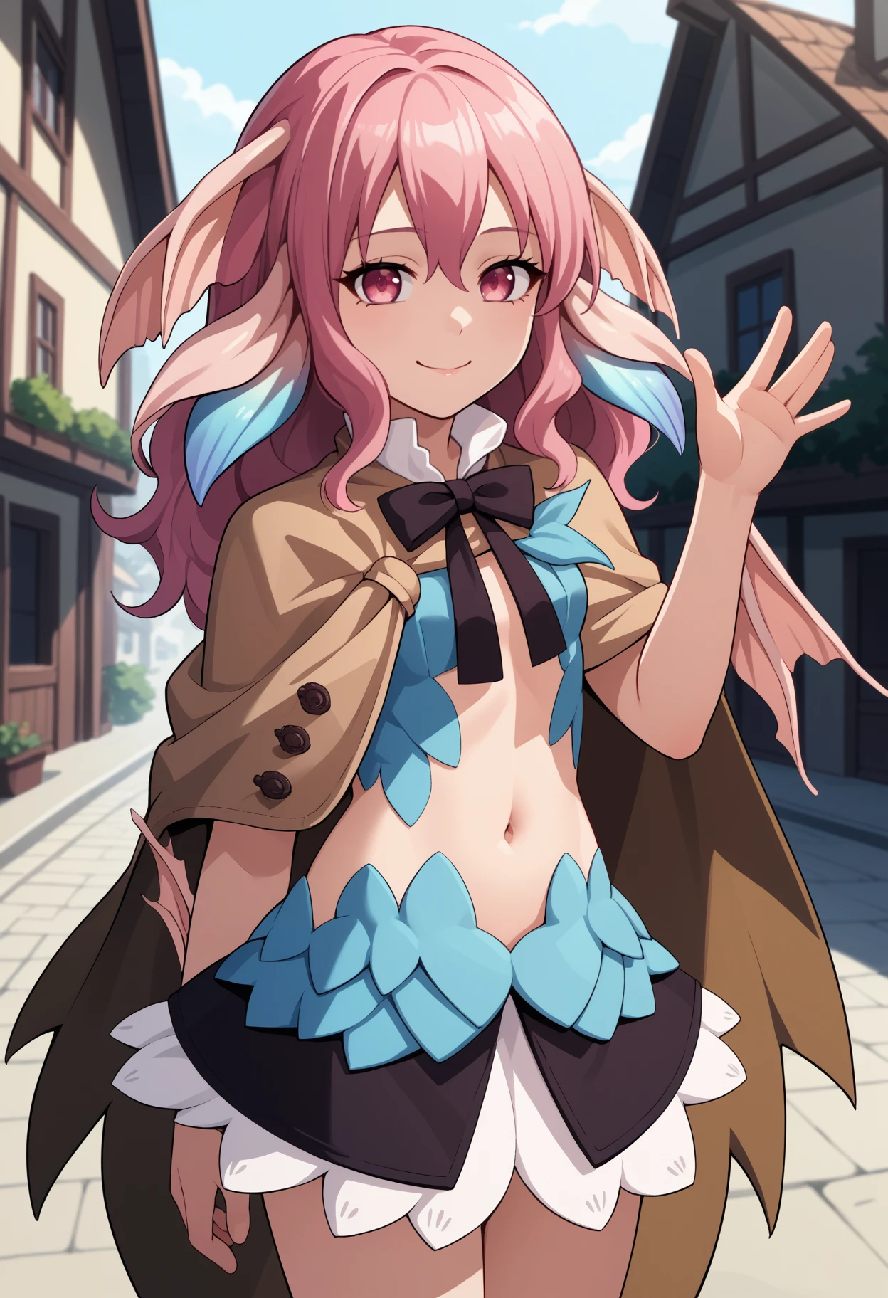 score_9, score_8_up, score_7_up, source_anime, <break> solo, 1girl, rf3pia, monster girl, smile, closed mouth, looking at you, standing, waving, pink hair, head fins, pink eyes, brown cape, black bowtie, short dress, black skirt, midriff, navel, outdoors, town
<segment:yolo-face_yolov8m.pt,0.4,0.5//cid=1>