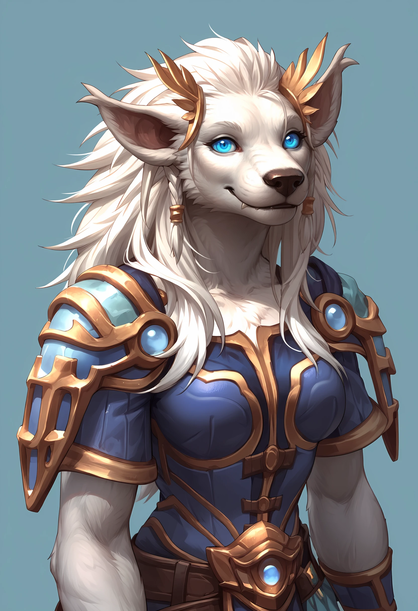 score_9, score_8_up, score_7_up, score_6_up, score_5_up, score_4_up, 1girl, <lora:HydromielWorgenWOW:0.75> furry, furry female, white hair, long hair, blue eyes, animal ears, claws, armor, shoulder armor, jewelry, upper body, smile,
light blue background, simple background,