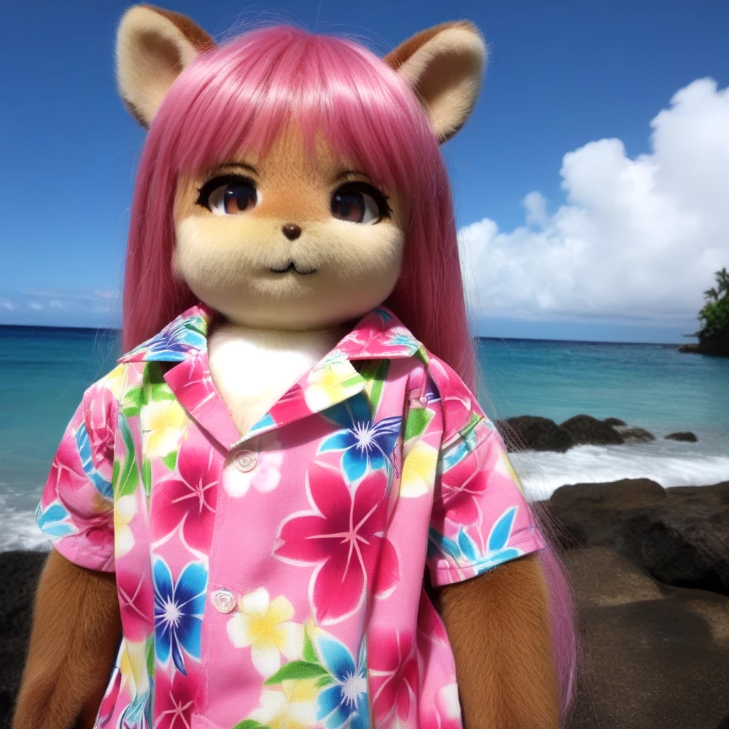 <lora:plush_SDXL:0.7>,realistic, pink hair, tan, hawaiian shirt, :3, looking at viewer, no_nose, furry, flower, outdoors, sea, squirrel ears