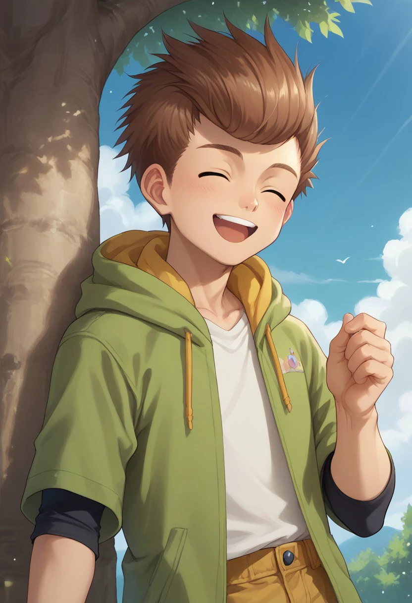 score_9, score_8_up, score_7_up, source_anime, highly detailed, 
1boy, male focus, solo, brown hair, closed eyes, open mouth, hoodie, hood, short sleeves, smile, upper body, pants,
outdoor, sky, cloud, tree