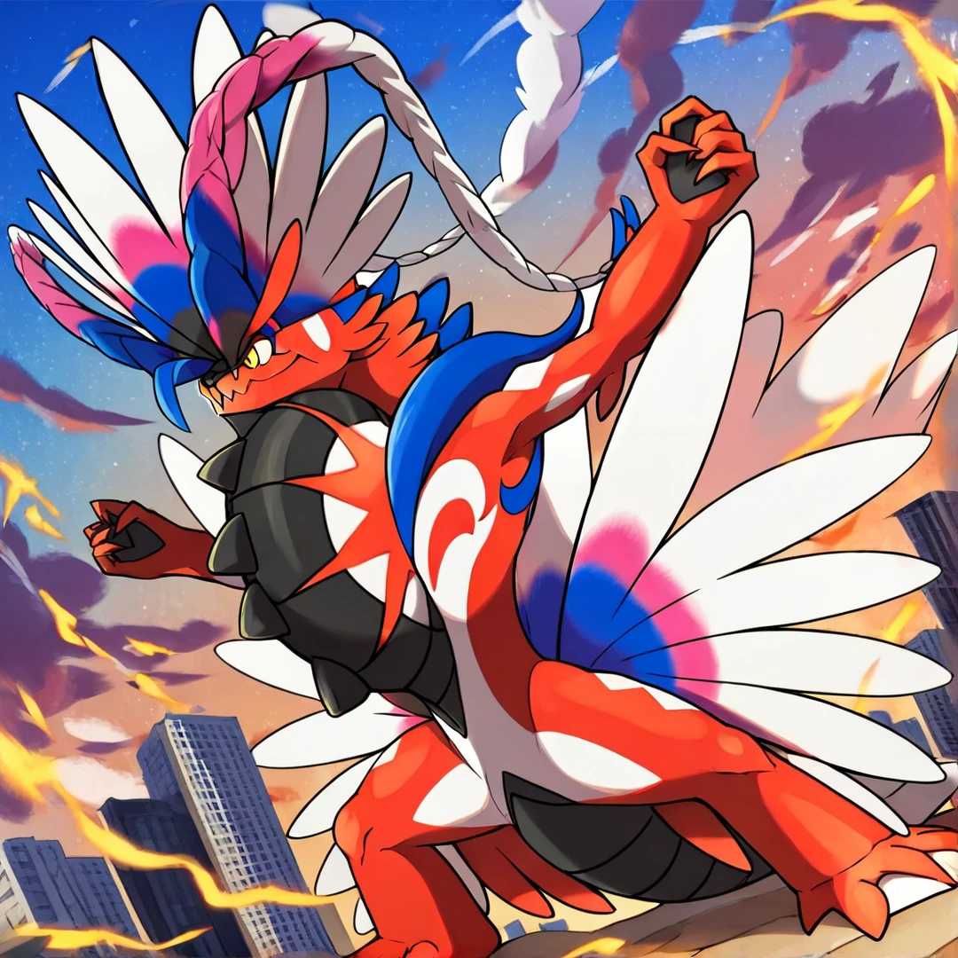 <lora:Koraidon:1>,  Koraidon, bipedal, rear feathers, crest of feathers, resembling a war bonnet, inflated gular sac on throat, revealing a red gear-like pattern, voluminous tail, spread claws, white membranes, red skin with white patterns, tire between chest, gold eyes with black pupil, blue hair on shoulders, feathers have white, pink, and blue mixed, long white eyebrows mixed with pink and blue, solo, in a city, fighting stance, hands clenched, high in the sky