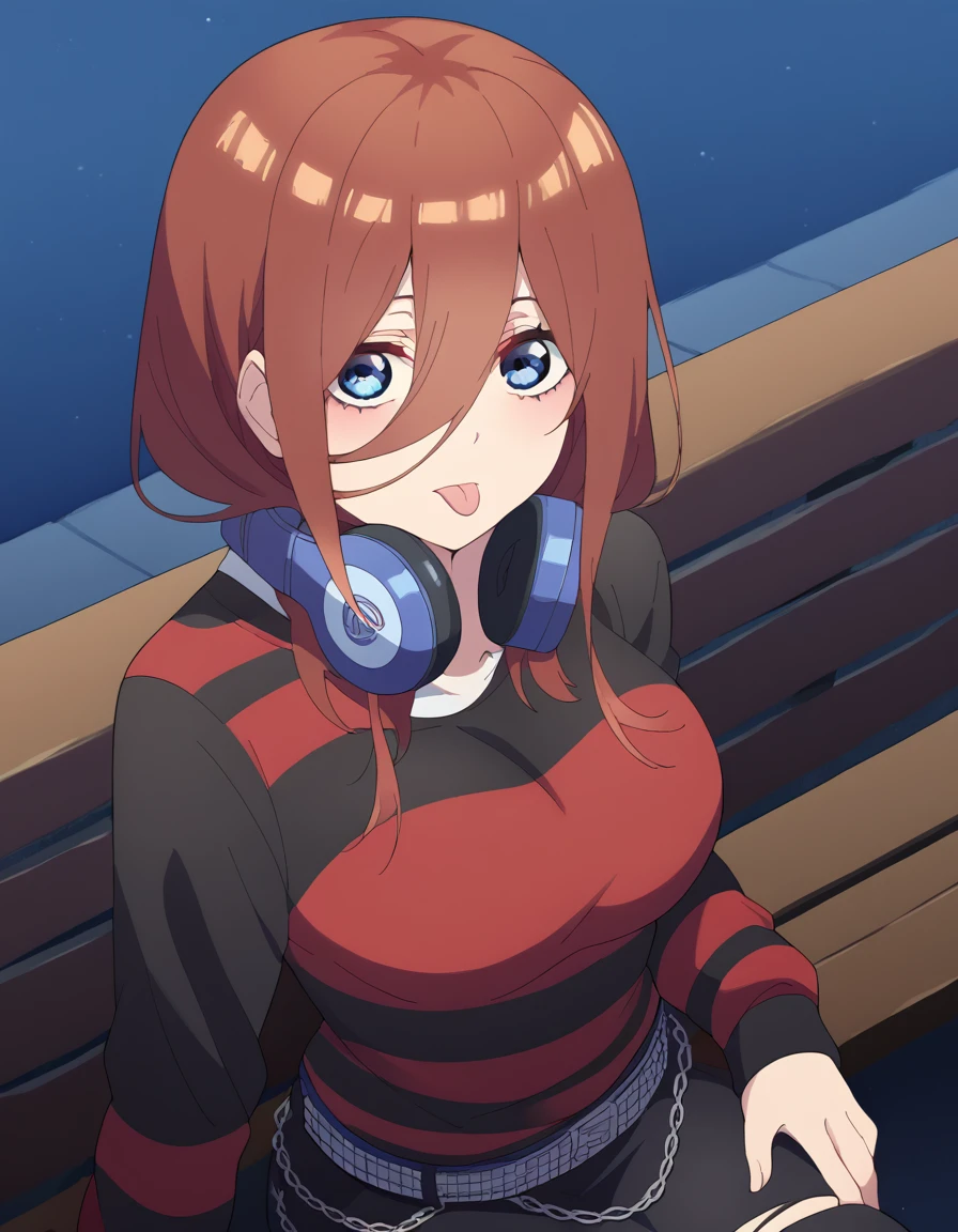 score_9, score_8_up, score_7_up, source_anime, mikunakano, <lora:miku-nakano-s2-ponyxl-lora-nochekaiser:1>, miku nakano, long hair, bangs, blue eyes, brown hair, hair between eyes, headphones, headphones around neck, large breasts,, <lora:emo-fashion-ponyxl-lora-nochekaiser:1>, emo fashion, torn sweater, two-tone sweater, sweater under shirt, striped sweater, lace-trimmed choker, belt chain, red sweater, black sweater, goth fashion, street, night, moon, sitting, bench, from above, tongue out, cowboy shot, looking at viewer