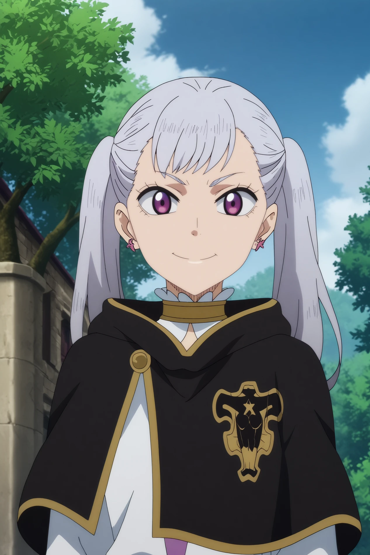  noelle silva,1girl,solo,smile,twintails,earrings,jewelry,grey hair,long hair,capelet,black capelet,upper body,looking at viewer BREAK outdoors,forest,tree,blue sky,ruins,old village,  Toying with hair while looking directly at the viewer,  <lora:Noelle_Silva_-_Black_Clover.safetensors:0.8>