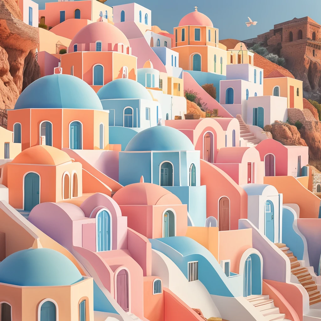 pastel color paper art of a village in greece, 3D, detailed, realistic