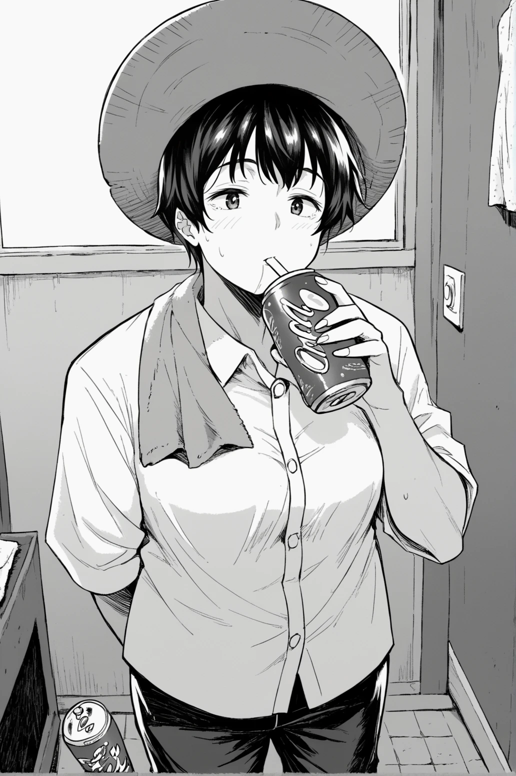 score_9, score_8_up, score_7_up, monochrome, manga_source, best background, detailed background, manga, grayscale   Mother, hat, shirt, towel, towel around neck, indoors, drinking soda can, solo, dynamic camera, dynamic angle, <lora:JN_Mother:0.8>