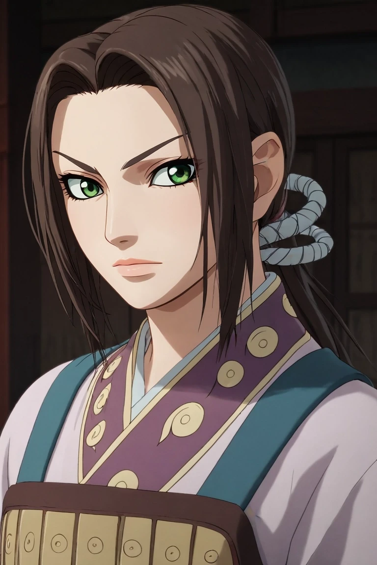 score_9, score_8_up, score_7_up, , rating_safe, intricate details, (3d:0.4), looking at viewer, , 1girl, solo, <lora:kaine_kingdom_pony:0.8>, kaine_kingdom, brown hair, green eyes, long hair, ponytail, , japanese armor, dog ears, hair ornament, <lora:sdxl_lightning_8step_lora:1>