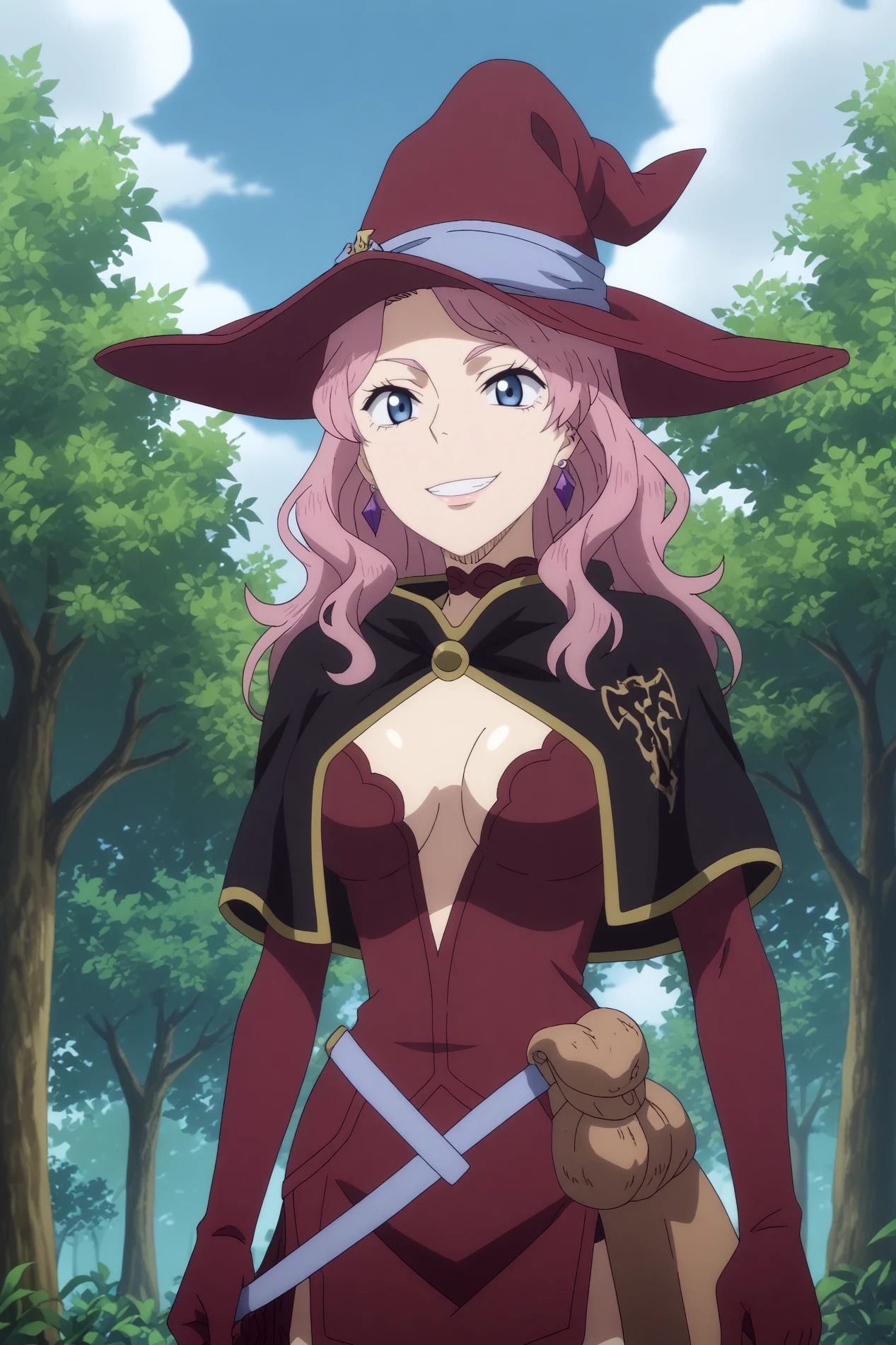  vanessa enoteca,1girl,solo,hat,witch hat,gloves,earrings,jewelry,long hair,purple eyes,smile,medium breasts,capelet BREAK outdoors,forest,ruins,village,blue sky  Posing with hands on thighs,  <lora:Vanessa_Enoteca_-_Black_Clover.safetensors:0.8>