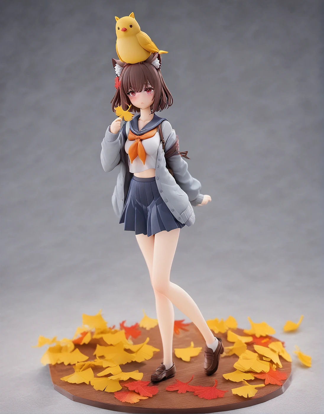 <lora:Gock_so_PVC_v1:1> , pvc ,1girl, acorn, animal, animal ear fluff, animal ears, animal on head, autumn, autumn leaves, bangs, bird, black sailor collar blush, brown hair, cardigan, collarbone, eyebrows visible through hair, falling leaves, fire, ginkgo leaf, grey sailor collar, holding, holding leaf, leaf, leaf on head, leaves in wind, long sleeves, maple leaf, motion blur, neckerchief, on head, open cardigan, orange neckerchief, pleated skirt, red eyes, red neckerchief, sailor collar, school uniform, serafuku, shirt, short hair, skirt, sleeves past wrists, solo,, white butterfly, yellow butterfly, gorgeous lips, cinematic, (masterpiece), (best quality), (ultra-detailed), very aesthetic, illustration, perfect composition, intricate details, absurdres, detailed face, (anime, masterpiece, intricate:1.3), (best quality, hires textures, high detail:1.2), (4k),(incredibly detailed:1.4)
Masterpiece, highest quality, high resolution, cinematic lighting, anime illustration , full body , grey background , figure base , figure base wood , figure base support, transparent pvc, 4k , masterpiece