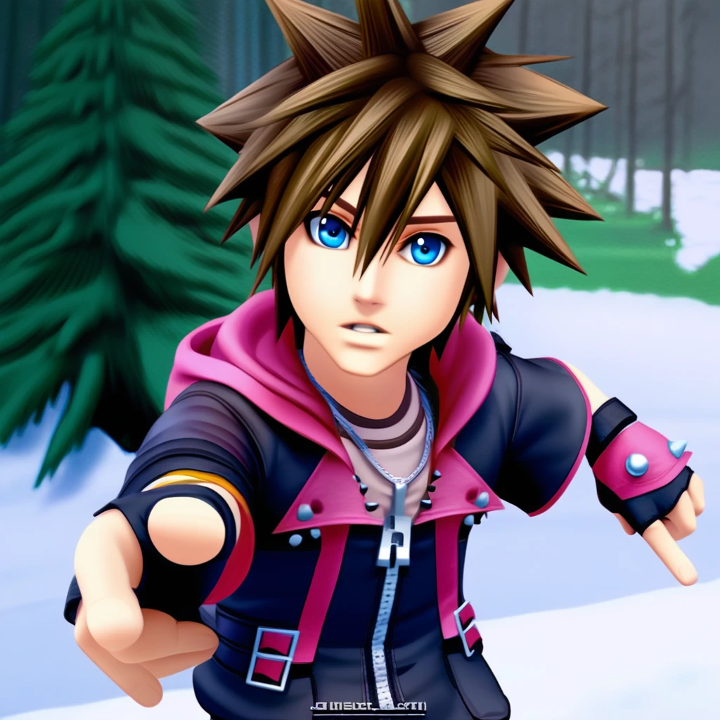 SmashBros Ultimate Style, solo, looking at viewer, blue eyes, brown hair, gloves, 1boy, hair between eyes, jewelry, jacket, upper body, short sleeves, male focus, outdoors, parted lips, hood, fingerless gloves, necklace, tree, watermark, hood down, spiked hair, pointing, snow, zipper, bare tree