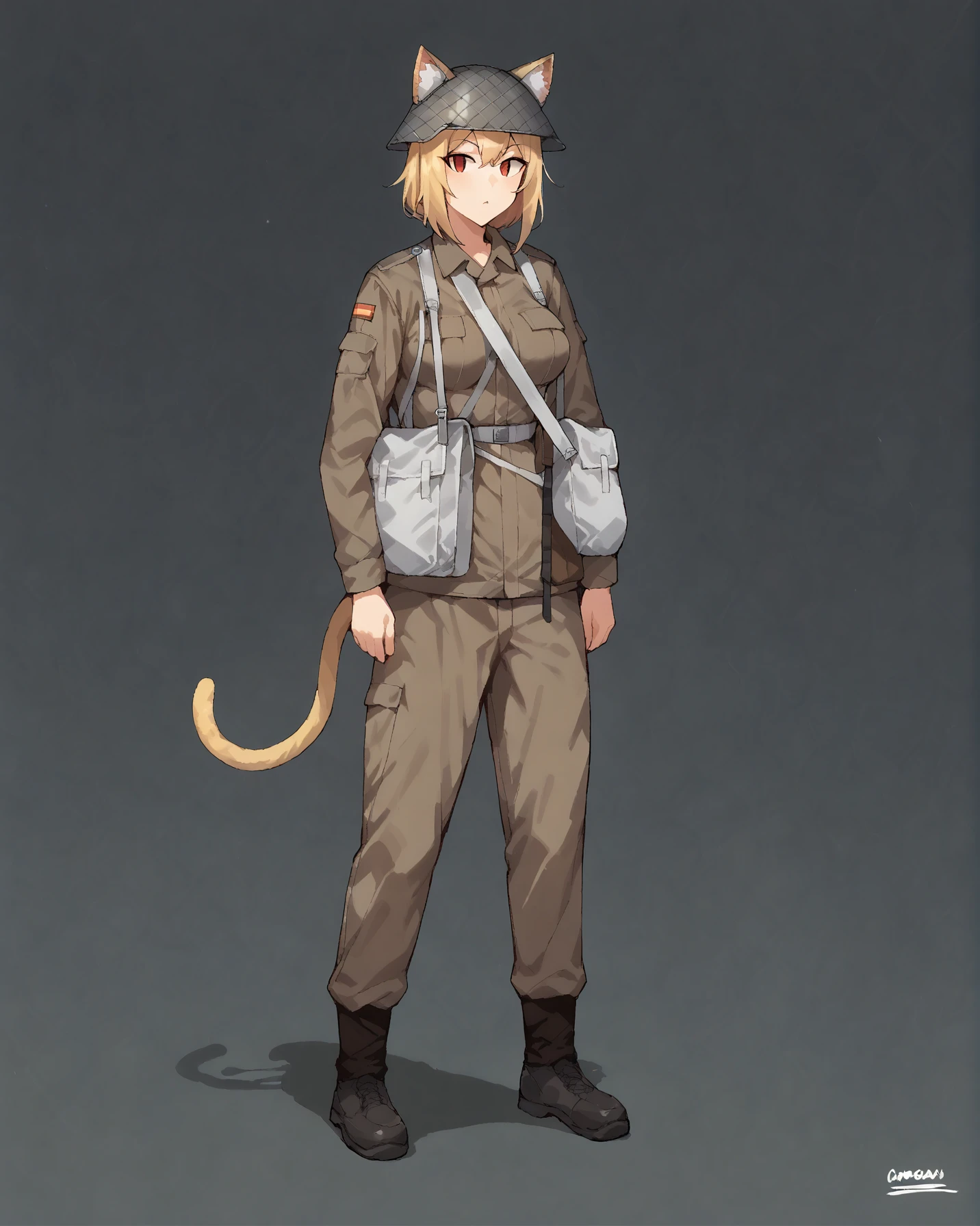 1girl, solo, <lora:necoarc-guy-PONYv1_1:1> necoarc, blonde hair, red eyes, slit pupils, cat ears, ears through headwear,  :3, cat tail, medium breasts, <lora:DDR_NVA:1> ddr_nva, uniform, military, military uniform, helmet, camouflage, standing, full body,  grey background, gradient background,  <lora:age_slider_v4:1>  <lora:StS-Breast-Enlarger-Slider-PonyXL-v0.8:2> <lora:StS_PonyXL_Detail_Slider_v1.4_iteration_3:5>, PonyXLV6_Scores, <lora:pony_good_hands:1> good_hands,