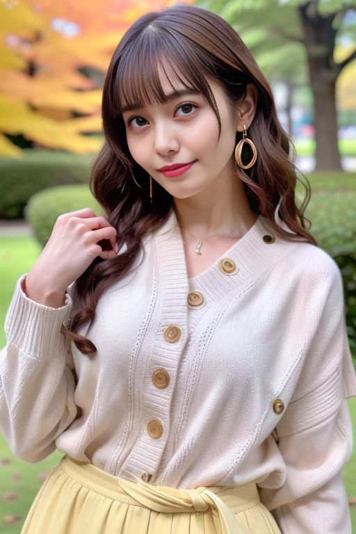 (highest quality, masterpiece), One girl, beautiful girl, Brown_eye, ((茶hair, [前hairありのピクシーカット] hair)), Earrings, lips, Short sleeve,Realistic, Tight waist, Charm, Colorful Makeup, Long eyelashes, Fair skin, (cute), (Detailed Face), 詳細ed eye, Detailed iris, Smiling face,Pose for the camera