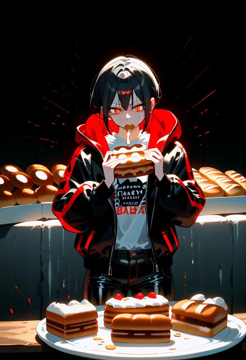 Havoc and Disorder,  (animated Elezen:1.3), (red and black hair:1.2), (neon hooded jacket:1.3), (white shirt:1.1), (leather pants:1.2), (eating a pretzel:1.3), (bakery setting:1.5), (Eorzea:1.4), (dynamic pose:1.2), (vibrant colors:1.2), (clean lines:1.5), (minimal shading:1.0), anime style, stylish details, cozy atmosphere, source_anime, score_9, score_8_up, score_7_up, score_6_up, score_5_up, score_4_up,