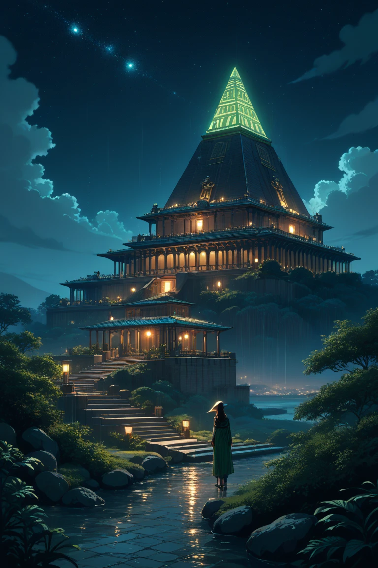 score_9, score_8_up, score_7_up, source_anime rating_safe, night, natural lighting, raining, fantasy egyptian-structure focus, Daegypt, no humans, starry sky, intricately detailed illustration, depth of field, atmospheric perspective, scenery, green theme