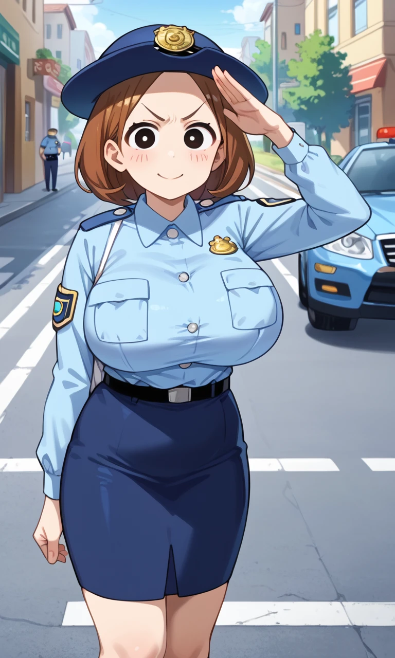 (a closeup、16 K、top-quality、high detailing、rich skin detail、nffsw)、(Official art),Police Woman、Police Hat、blush,Sweat,(((large udder)))、((Big ass))、(((nipples are protruding)))、((((Clothes to take off))))、(((Navy blue leotard)))、(White knee socks)、(Black hair),((bob cuts))、Yellow eyes,((thick thighs))、((spreading legs))、((((Wavy mouth))))、(((((Surprised)))))、(((((:o)))))、(In the street)、Chibi
