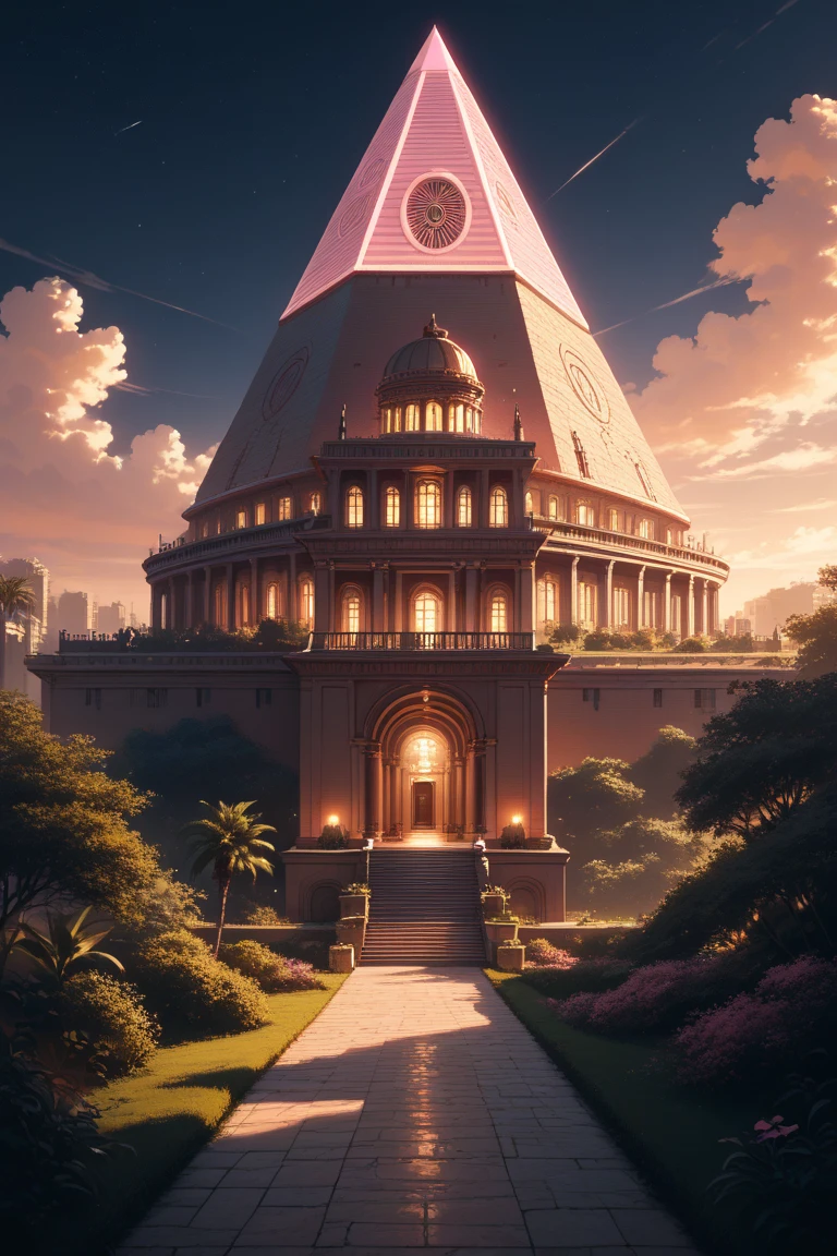 score_9, score_8_up, score_7_up, source_anime rating_safe, night, natural lighting, fantasy egyptian-structure focus, Daegypt, building, no humans, intricately detailed illustration, depth of field, atmospheric perspective, scenery, pink theme