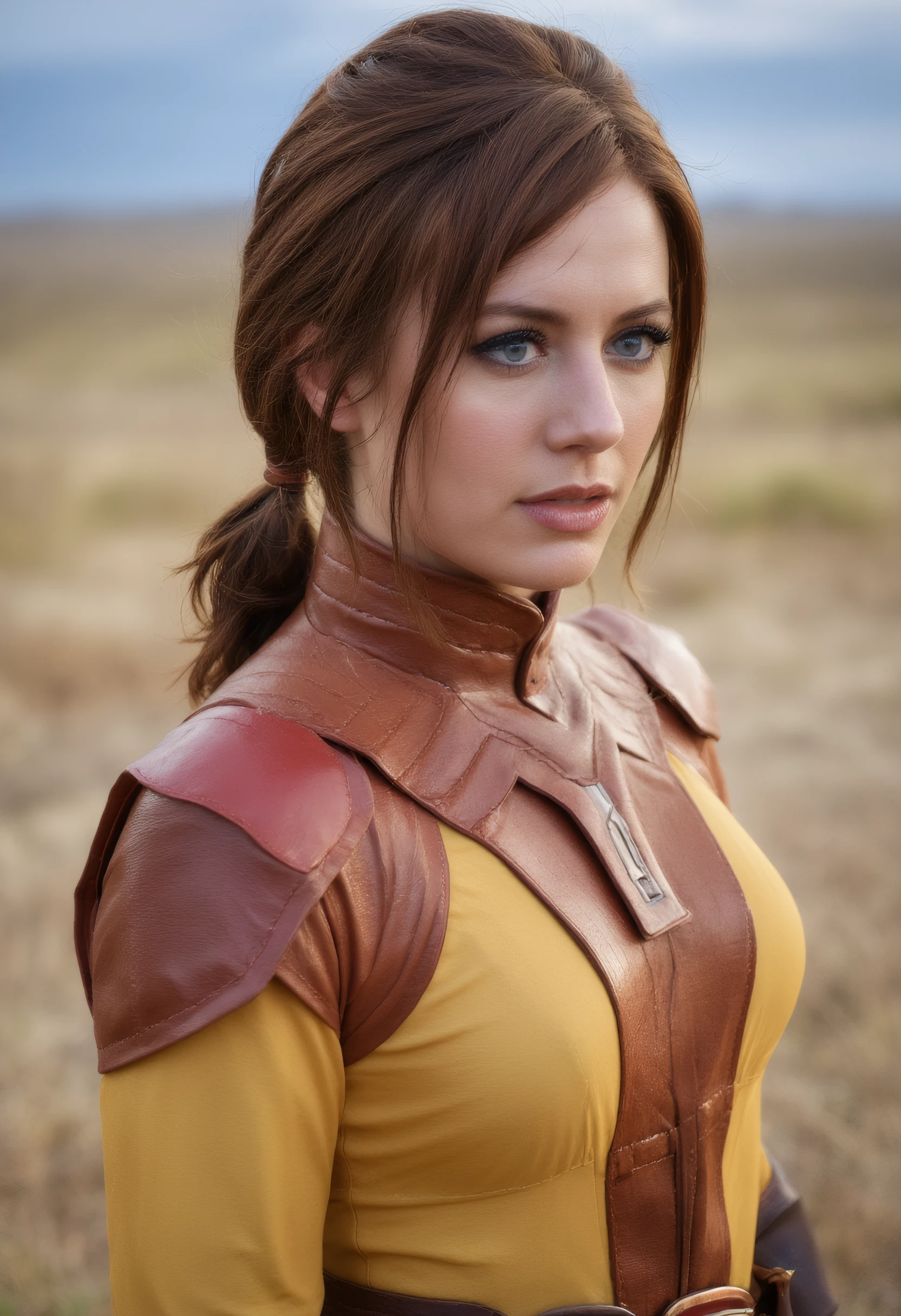 a woman in a coplay costume dressed as bastila_shan, in a desert