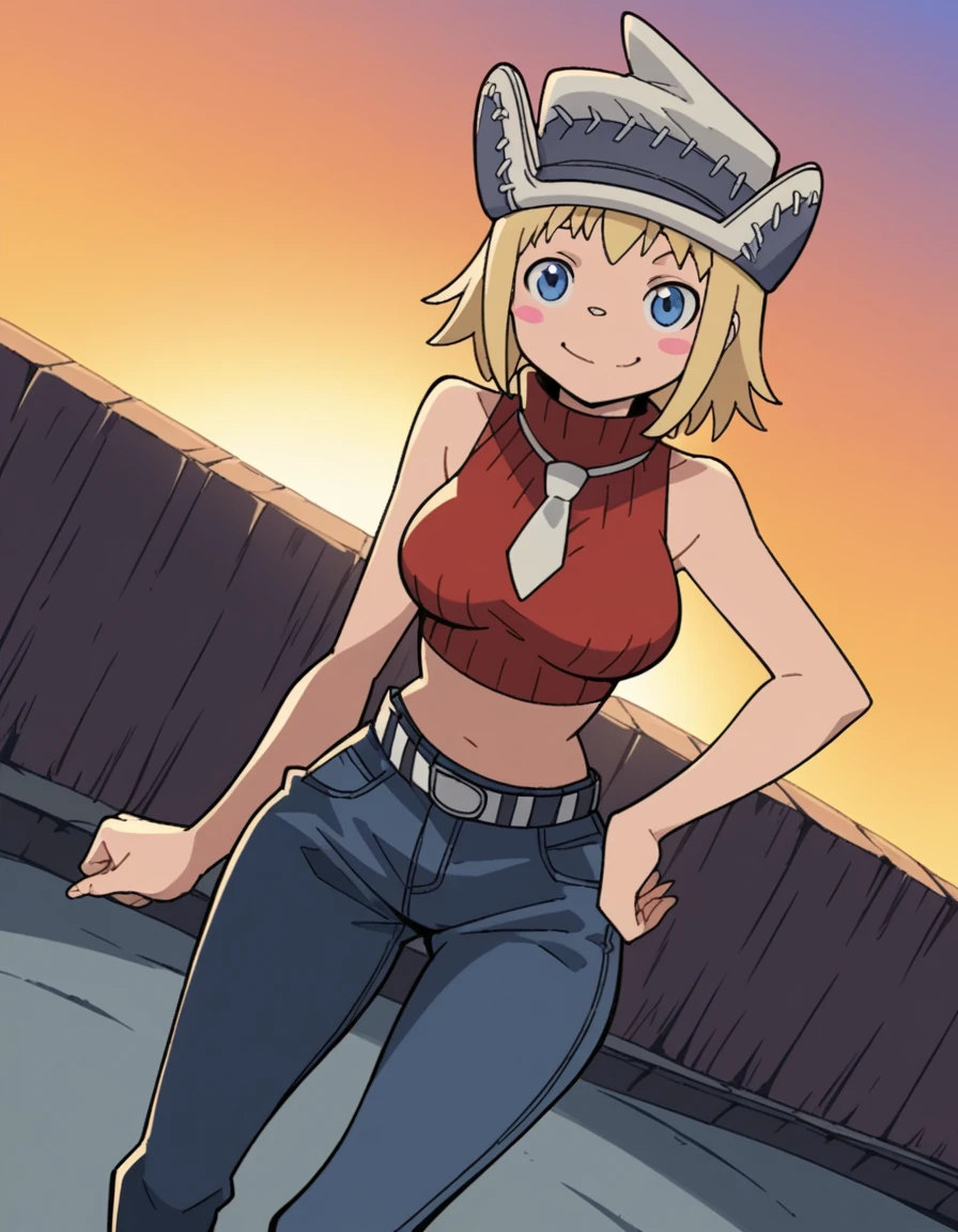 score_9, score_8_up, score_7_up, source_anime, <lora:patricia-thompson-s1-ponyxl-lora-nochekaiser:1>, patricia thompson, short hair, blue eyes, blonde hair, blush sticker, medium breasts,, hat, bare shoulders, jewelry, necktie, sleeveless, midriff, crop top, turtleneck, sleeveless turtleneck, pants, denim, belt, suburban neighborhood, morning jog, earphones, running shoes, fresh air, sunrise, , looking at viewer, smug, hand on hips,, solo,, cowboy shot, dutch angle,