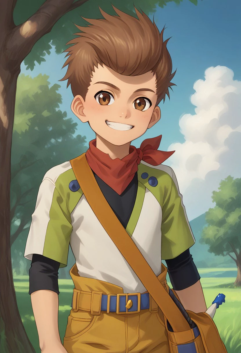 score_9, score_8_up, score_7_up, source_anime, highly detailed, 
1boy, male focus, solo, brown hair, brown eyes, neckerchief, red neckerchief, short over long sleeves, green shirt, black shirt, pants, yellow pants, upper body, smile, grin,
outdoor, sky, cloud, tree