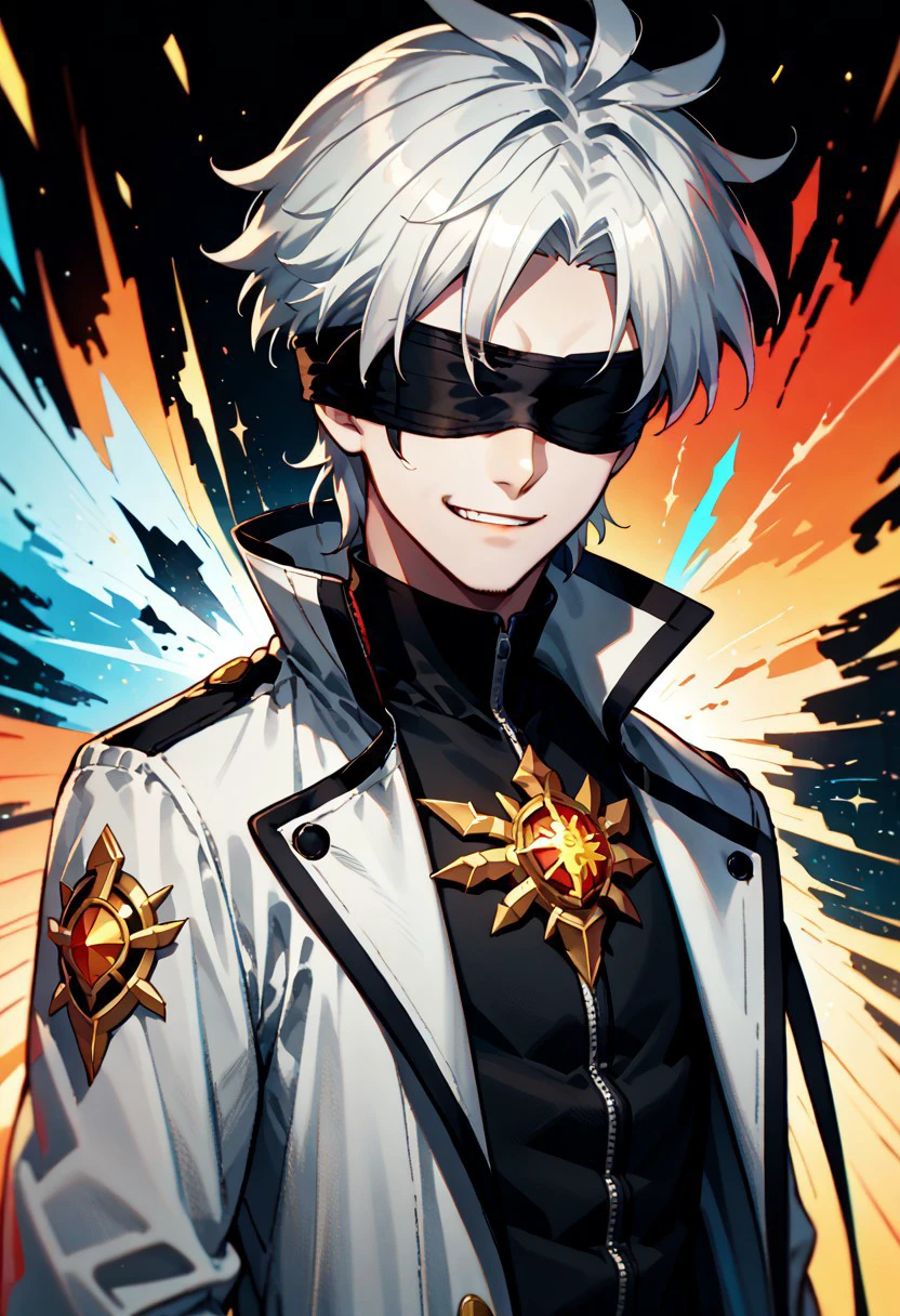 Havoc and Disorder, (1 man:1.3), (solo:1.2), (looking at viewer:1.2), (silver white hair:1.3), (long gunbreaker's coat:1.2), (partial blindfold:1.3), (smirky expression:1.2), (sultry demeanor:1.1), (confident stance:1.1), (upper body:1.1), (vibrant colors:1.2), (clean lines:1.5), (minimal shading:1.0), anime style, dynamic pose, stylish details, source_anime, score_9, score_8_up, score_7_up, score_6_up, score_5_up, score_4_up,