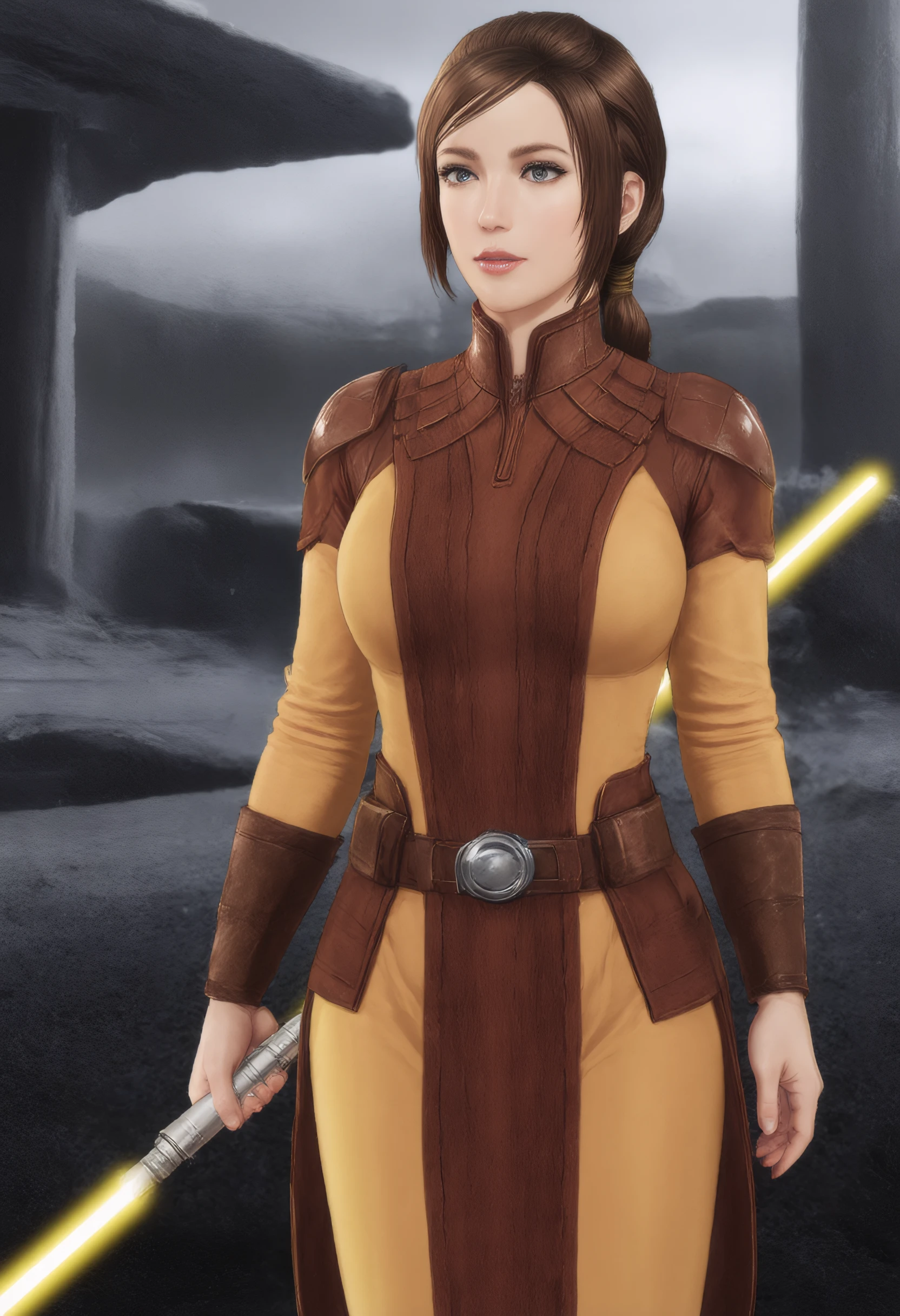 bastila_shan looking at viewer and smiling, wielding a yellow lightsaber