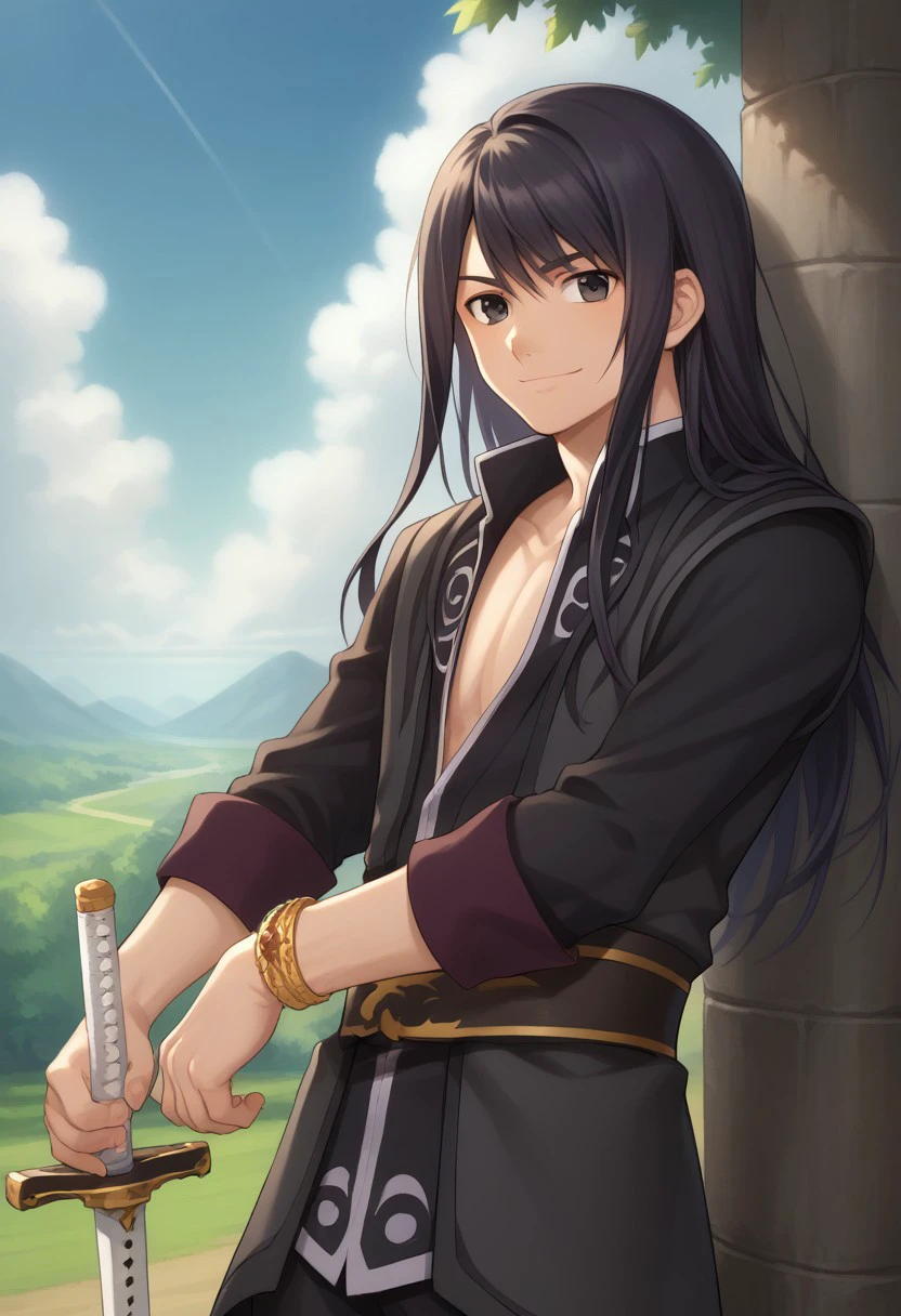 score_9, score_8_up, score_7_up, source_anime, highly detailed, 
lowell, 1boy, male focus, solo, black hair, long hair, black eyes, shirt, black shirt, rolled up sleeves, jewelry, bracelet, boots, knee boots, grey footwear, weapon, sword, over shoulder, weapon over shoulder, left-handed, smile
outdoor, sky, cloud, tree