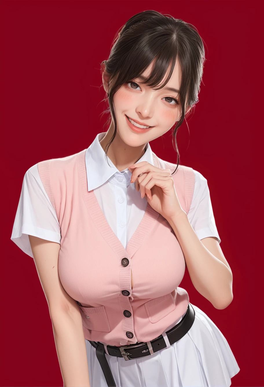 1girl,red background,,ruanyi1018,black belt,collared shirt,pink vest,white skirt,bent over,<lora:1018 Home wear 34_v1_pony:1>, score_9, score_8_up, score_7_up, score_6_up, score_9, score_8_up, score_7_up, score_6_up source_anime, blush, 1girl, seduce smile, perfect body , natural huge breasts