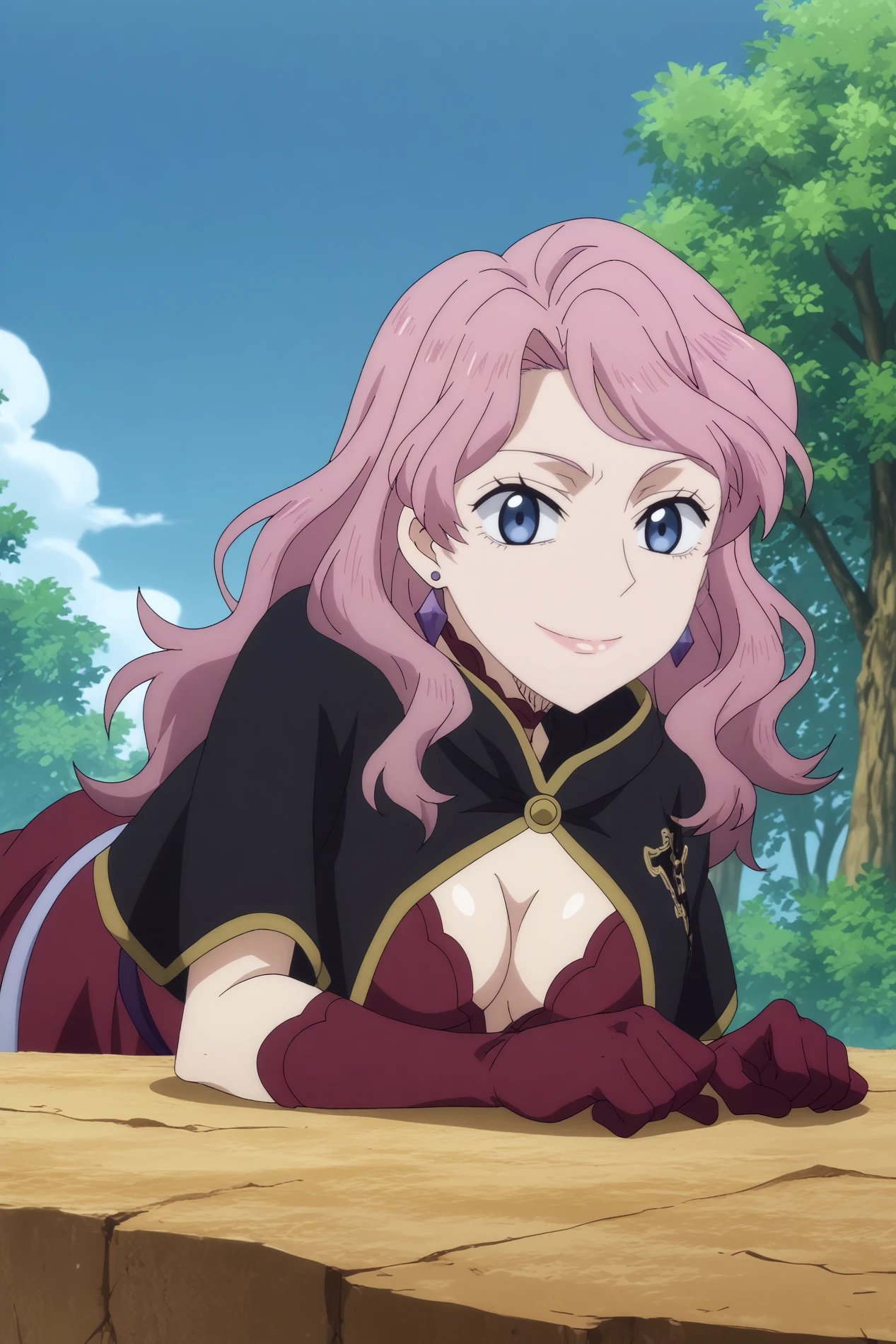  vanessa enoteca,1girl,solo,gloves,earrings,jewelry,long hair,purple eyes,smile,medium breasts,capelet BREAK outdoors,forest,ruins,village,blue sky  Lying on stomach with legs bent and kicking up,  <lora:Vanessa_Enoteca_-_Black_Clover.safetensors:0.8>