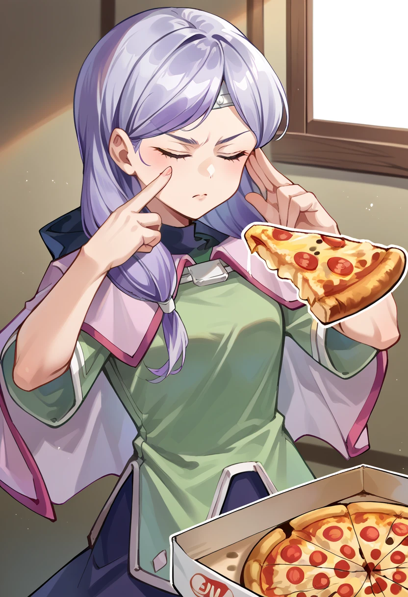 score_9, score_8_up, score_7_up, source_anime, 1girl, solo, <lora:ManLevitatingPizzaMeme_pdxl_Incrs_v1:1> ManLevitatingPizzaMeme, pizza, pizza box, pizza slice, eyes closed,
BREAK <lora:IlyanaPoRXL:1> ilyanaPoR, lavender hair, bangs, green shirt, short sleeves, pink capelet, circlet