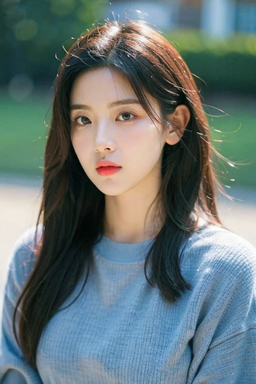 masterpiece, best quality, ultra-detailed, ultra high res, (photorealistic:1.4), raw photo, (realistic:0.2), 8k HDR, realistic lighting, 1girl, solo, (asian:0.2), asymmetrical hair, outdoor, (simple gray background:1.2), bokeh, (detailed lips), (detailed pores), (detailed skin textures), (detailed face:1.2), (upper body:1.2), a woman in a  light blue cardigans, promotional image, a character portrait,