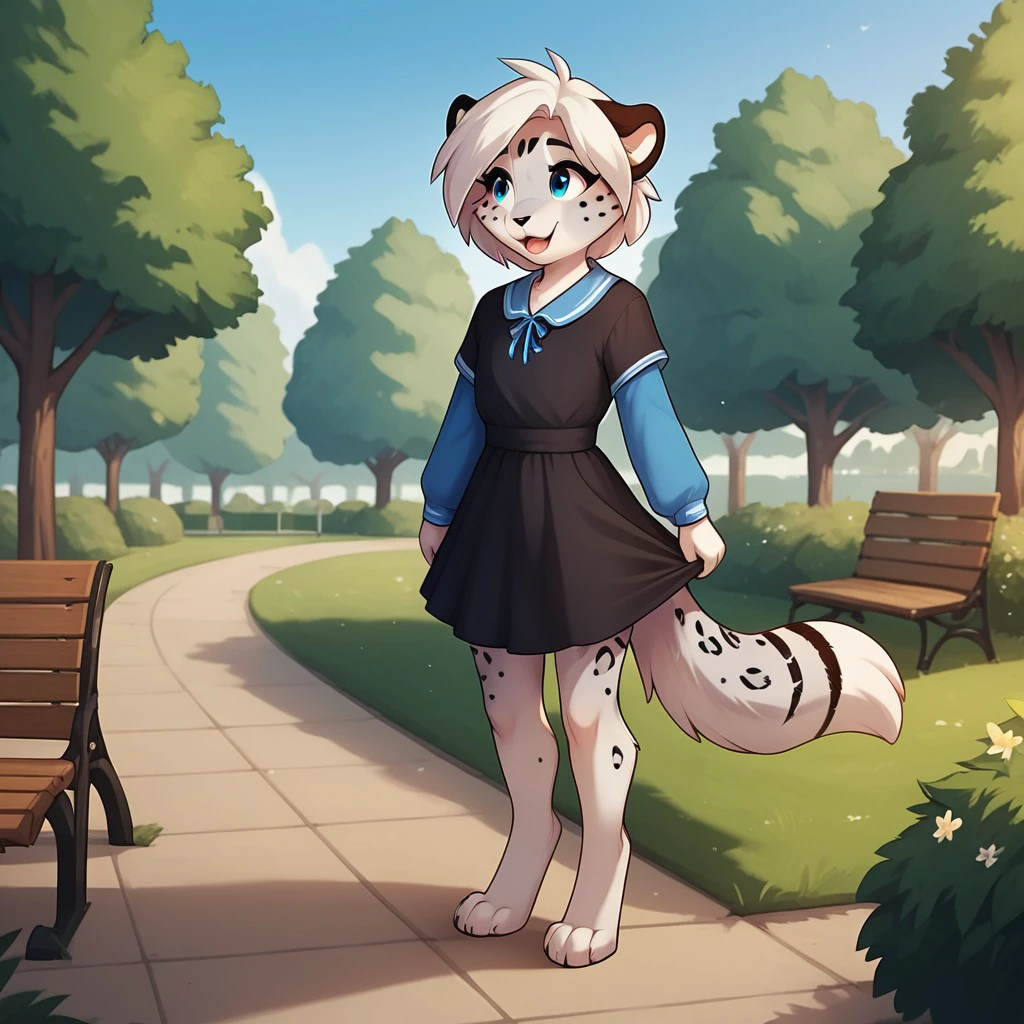 score_9, score_8_up, score_7_up, score_6_up, score_5_up, score_4_up, source_furry, maevetkv2, young anthro, female, snow leopard, blue eyes, grey fur, white hair, digitigrade, barefoot, park, black dress, blue sleeves, , gripping skirt, , by  Tom Fischbach,, <lora:33679502-2ae4-4787-94eb-4423783a7859:0.7>